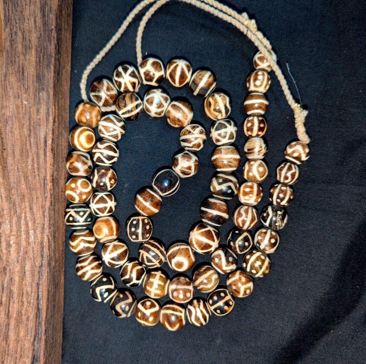 Asian Burmese Old Pumtek petrified Wood Stone beads Long necklace rare pattern