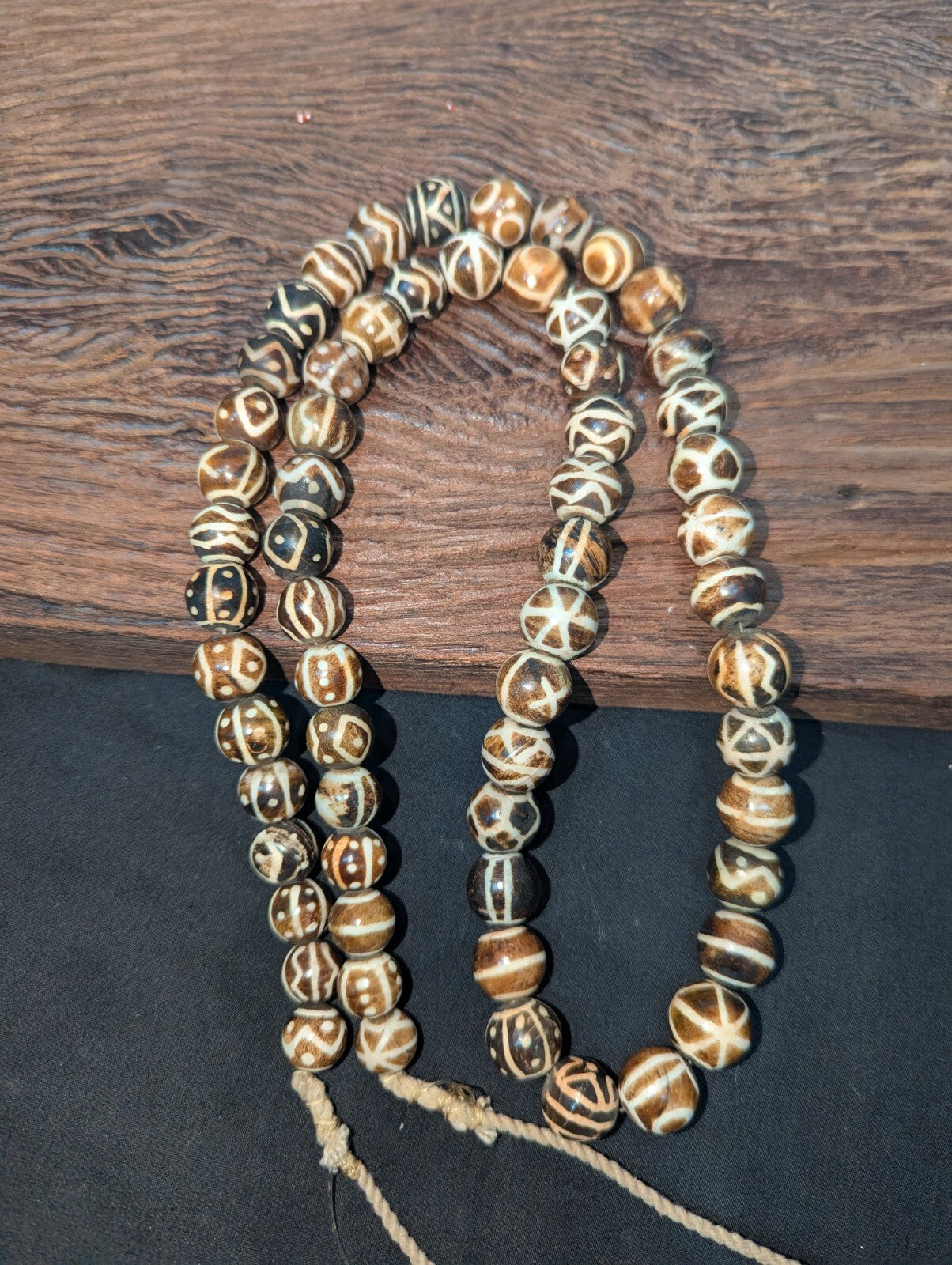 Asian Burmese Old Pumtek petrified Wood Stone beads Long necklace rare pattern