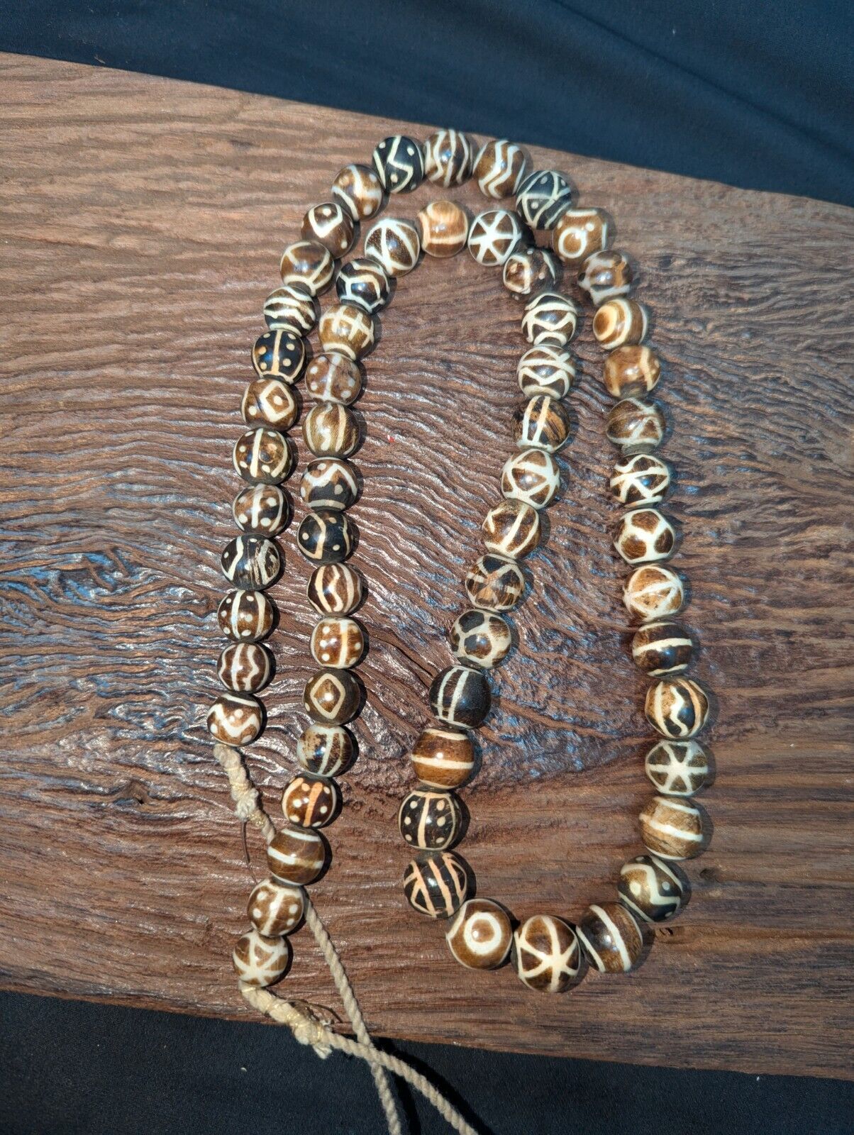 Asian Burmese Old Pumtek petrified Wood Stone beads Long necklace rare pattern