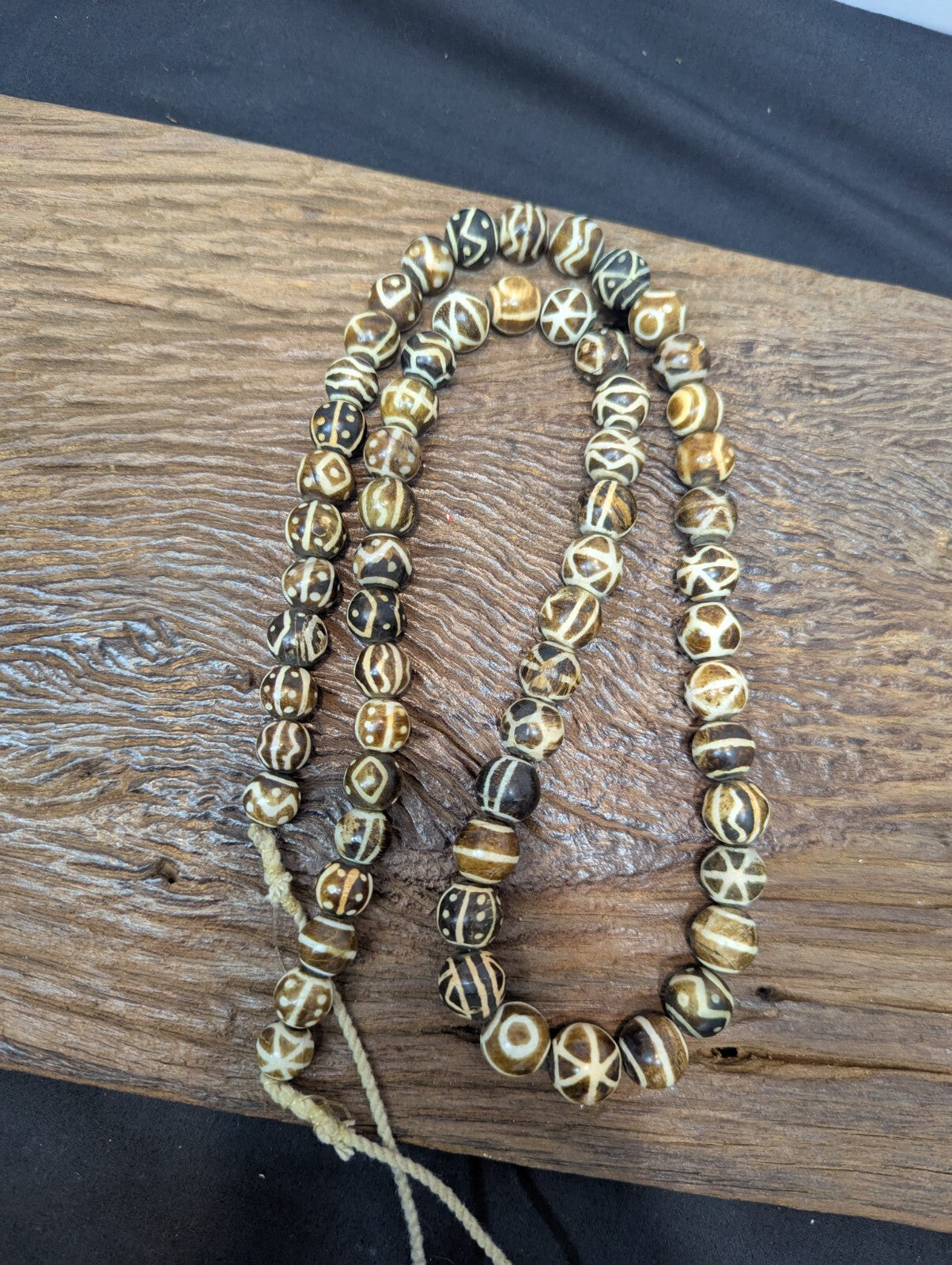 Asian Burmese Old Pumtek petrified Wood Stone beads Long necklace rare pattern