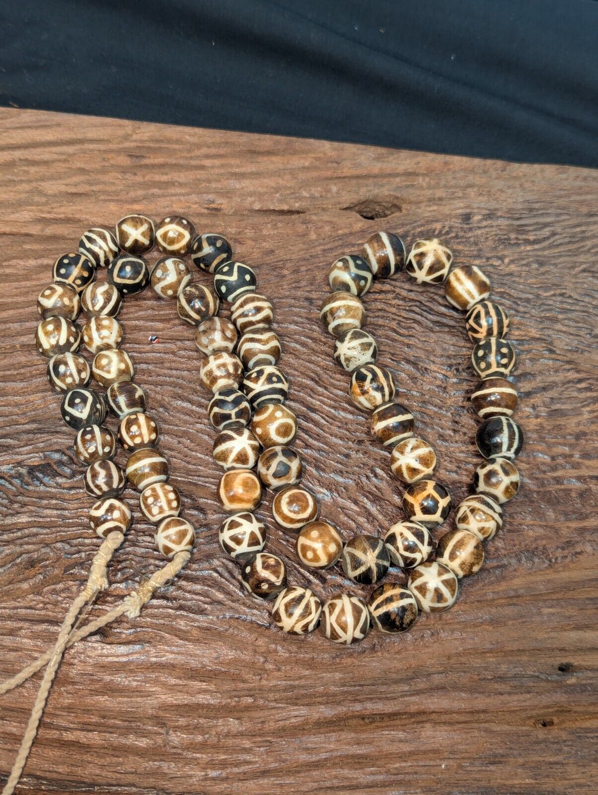 Asian Burmese Old Pumtek petrified Wood Stone beads Long necklace rare pattern