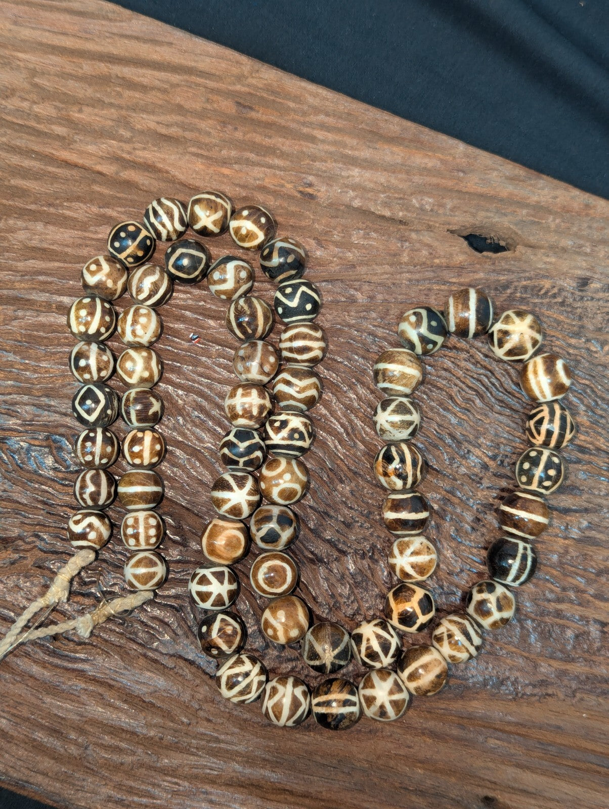 Asian Burmese Old Pumtek petrified Wood Stone beads Long necklace rare pattern