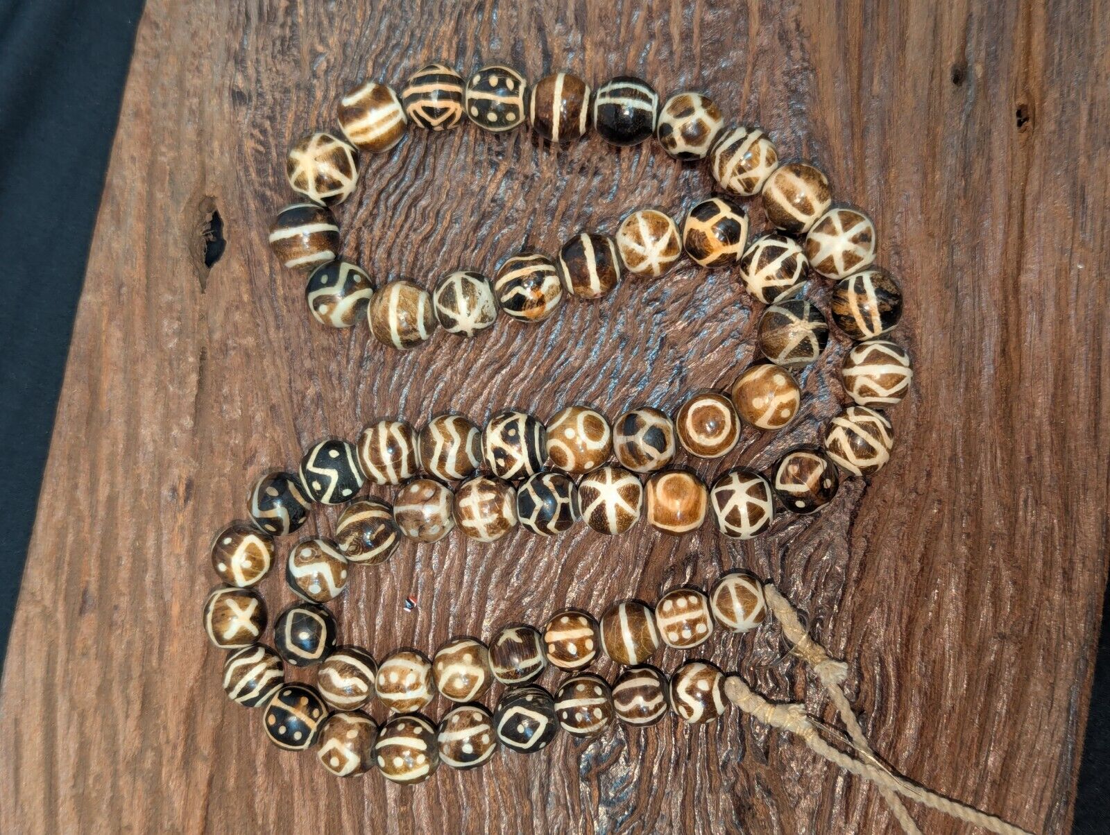 Asian Burmese Old Pumtek petrified Wood Stone beads Long necklace rare pattern