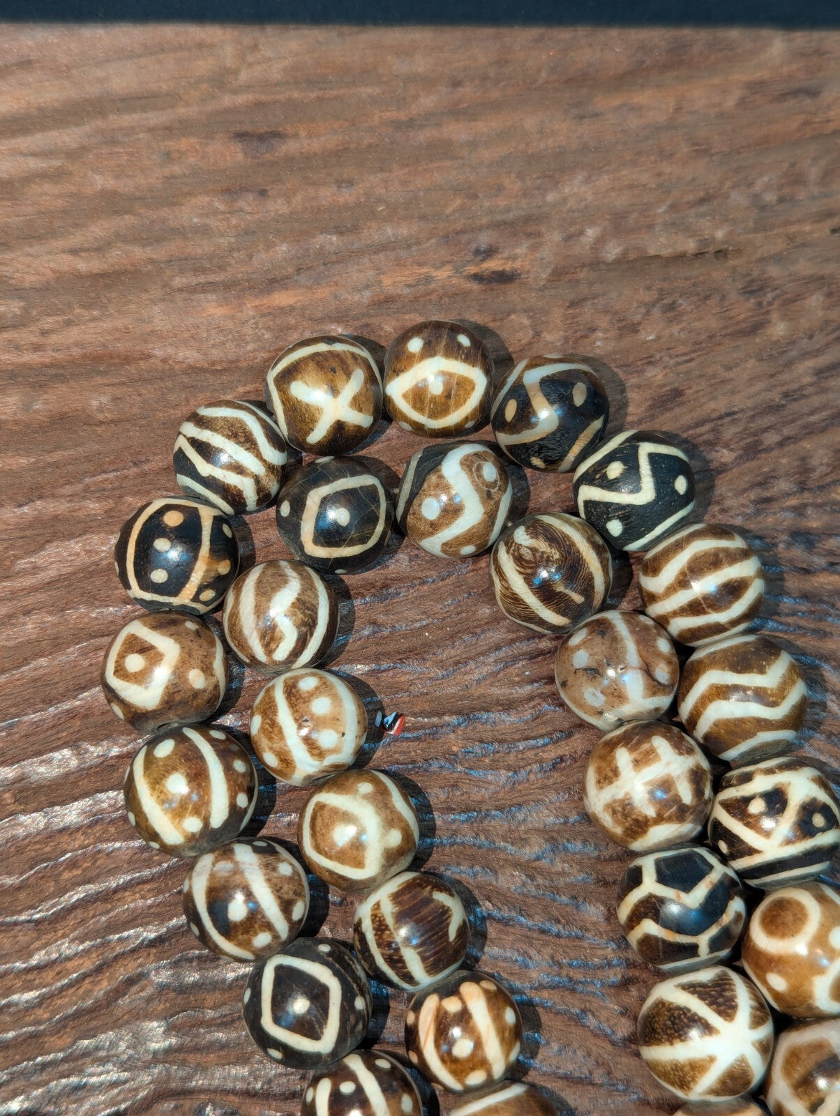 Asian Burmese Old Pumtek petrified Wood Stone beads Long necklace rare pattern