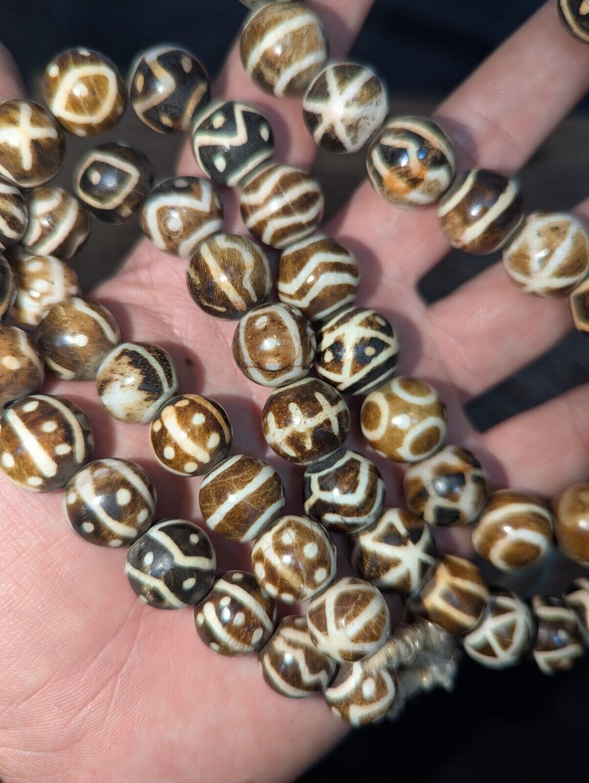Asian Burmese Old Pumtek petrified Wood Stone beads Long necklace rare pattern