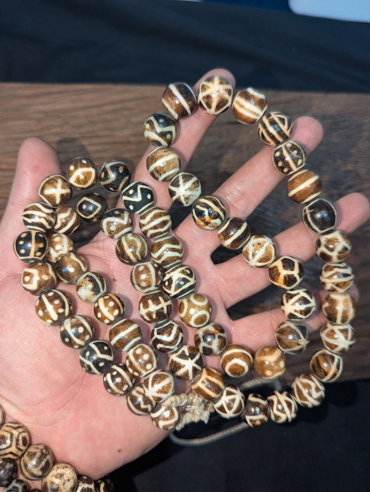 Asian Burmese Old Pumtek petrified Wood Stone beads Long necklace rare pattern