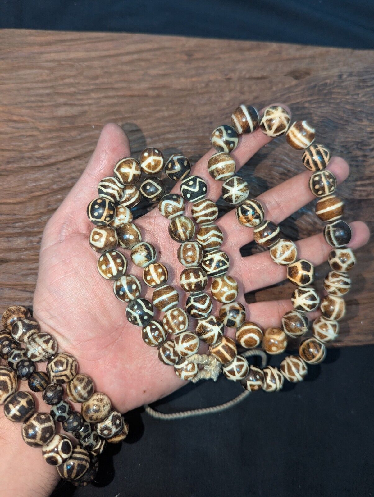 Asian Burmese Old Pumtek petrified Wood Stone beads Long necklace rare pattern