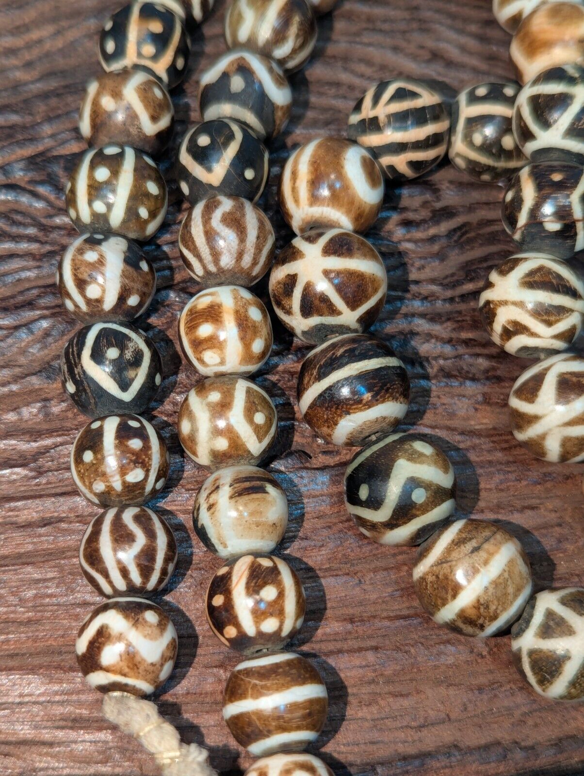 Asian Burmese Old Pumtek petrified Wood Stone beads Long necklace rare pattern
