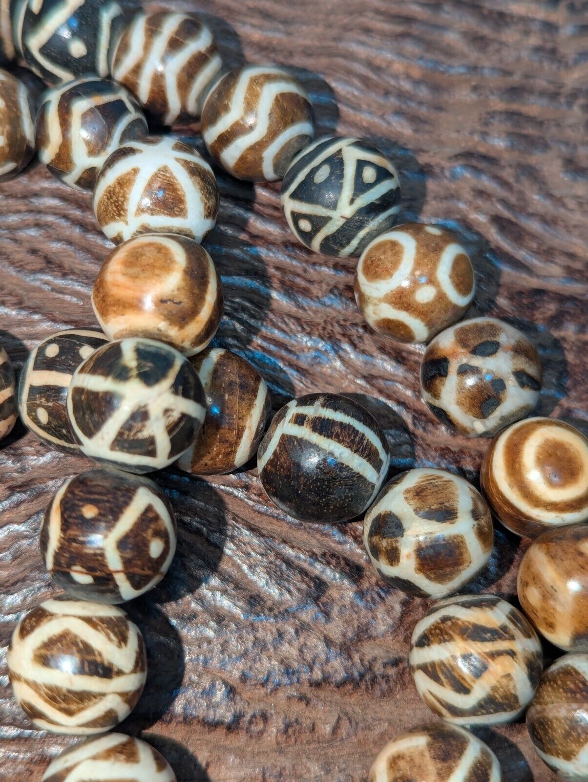 Asian Burmese Old Pumtek petrified Wood Stone beads Long necklace rare pattern