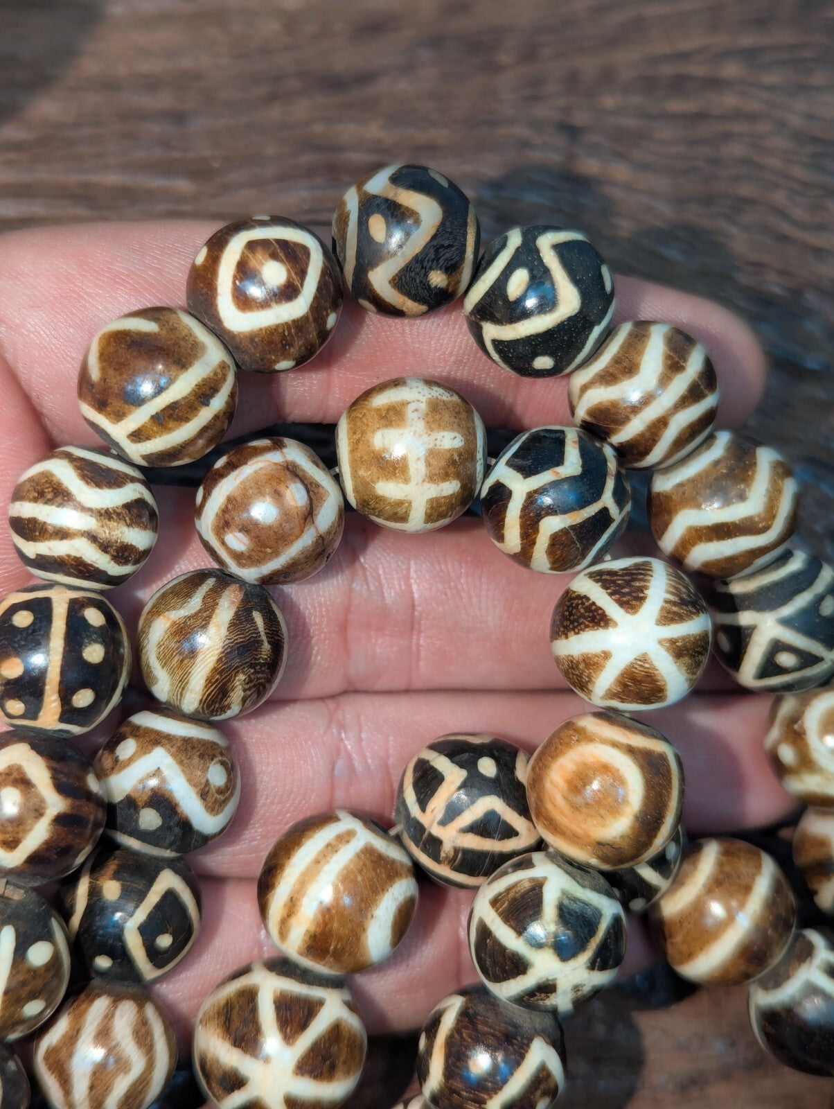 Asian Burmese Old Pumtek petrified Wood Stone beads Long necklace rare pattern