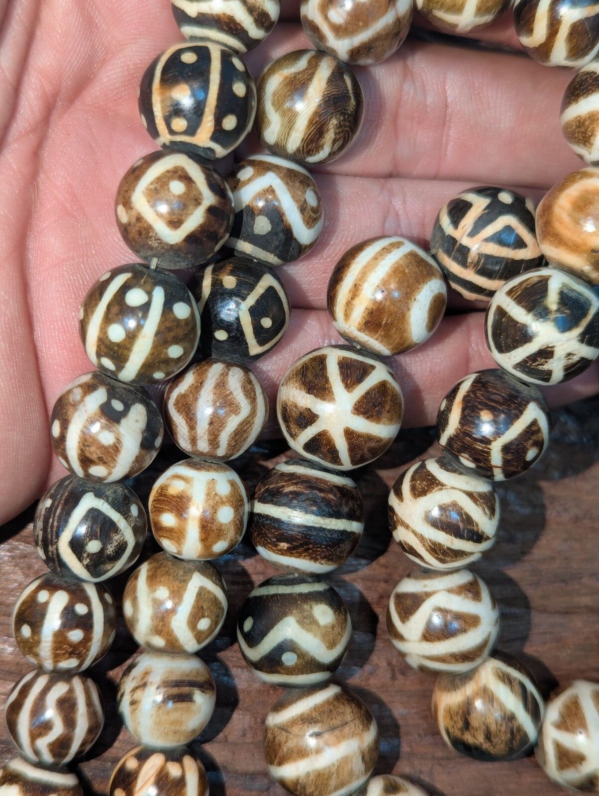 Asian Burmese Old Pumtek petrified Wood Stone beads Long necklace rare pattern
