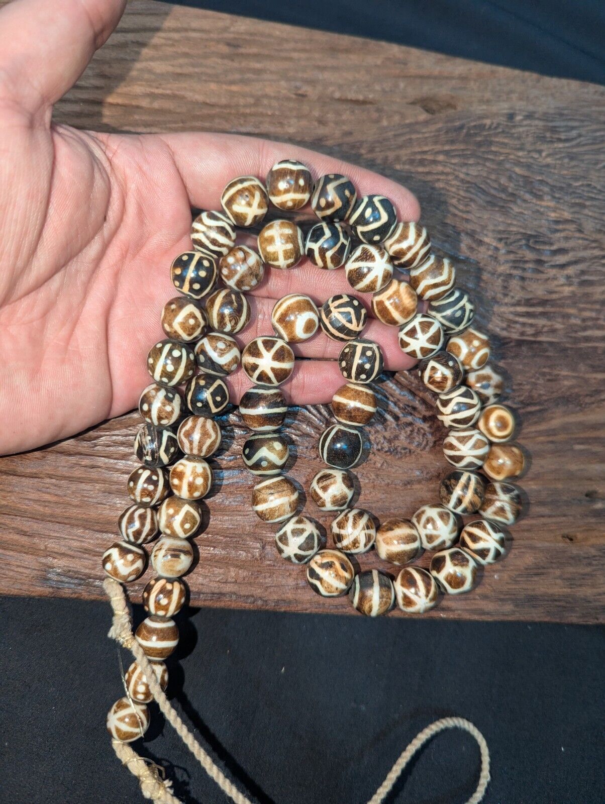 Asian Burmese Old Pumtek petrified Wood Stone beads Long necklace rare pattern