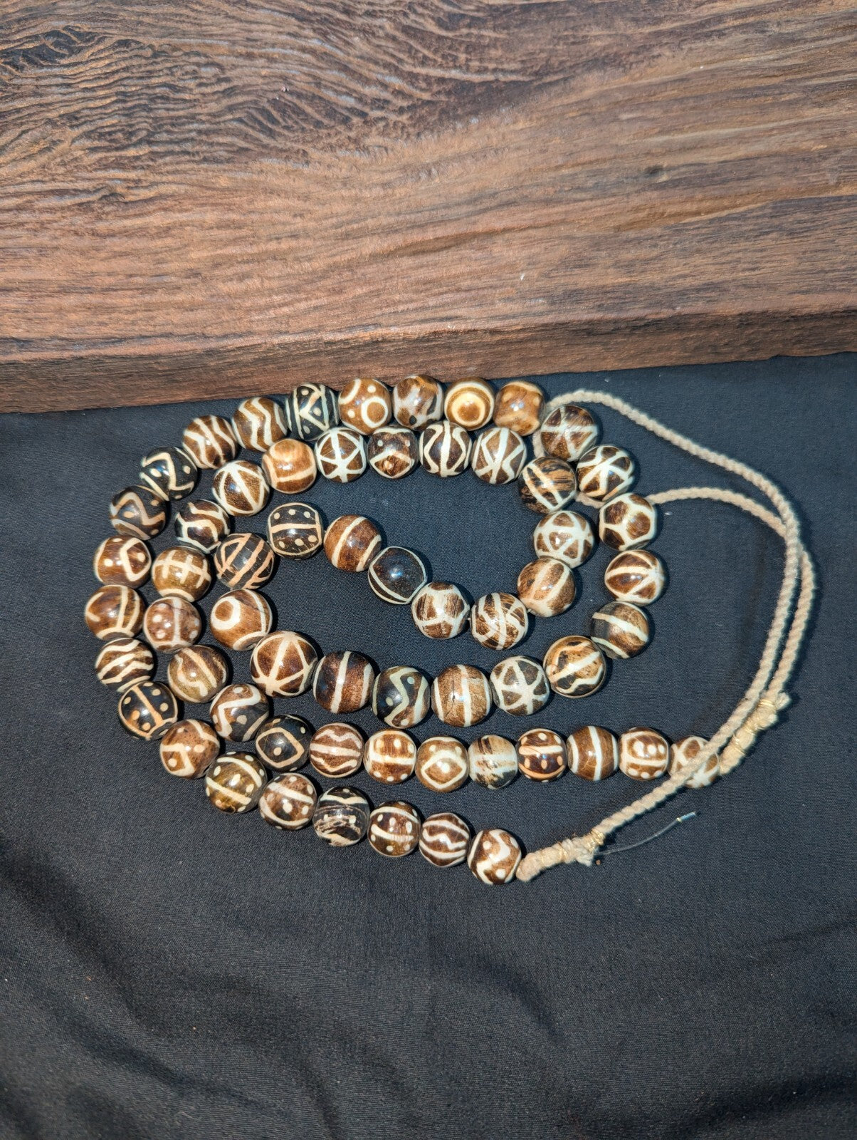 Asian Burmese Old Pumtek petrified Wood Stone beads Long necklace rare pattern