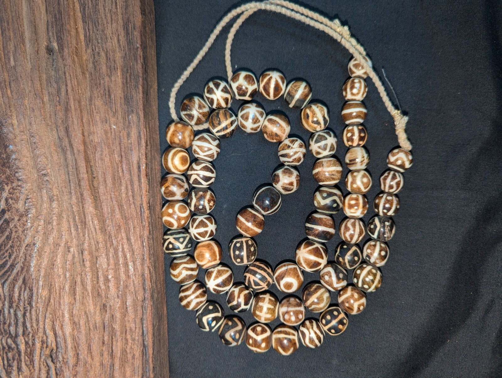 Asian Burmese Old Pumtek petrified Wood Stone beads Long necklace rare pattern