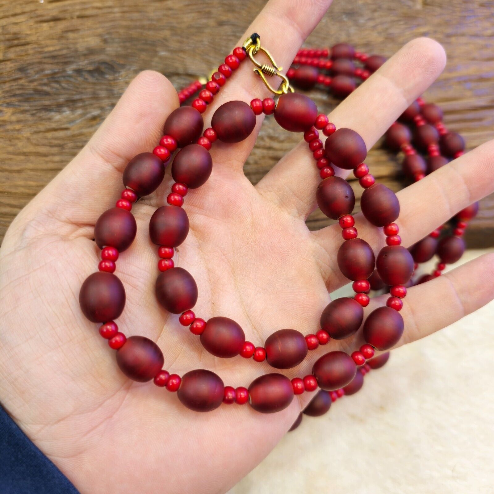 Vintage Venetian white heart and Red glass Trade Beads Beaded Necklace