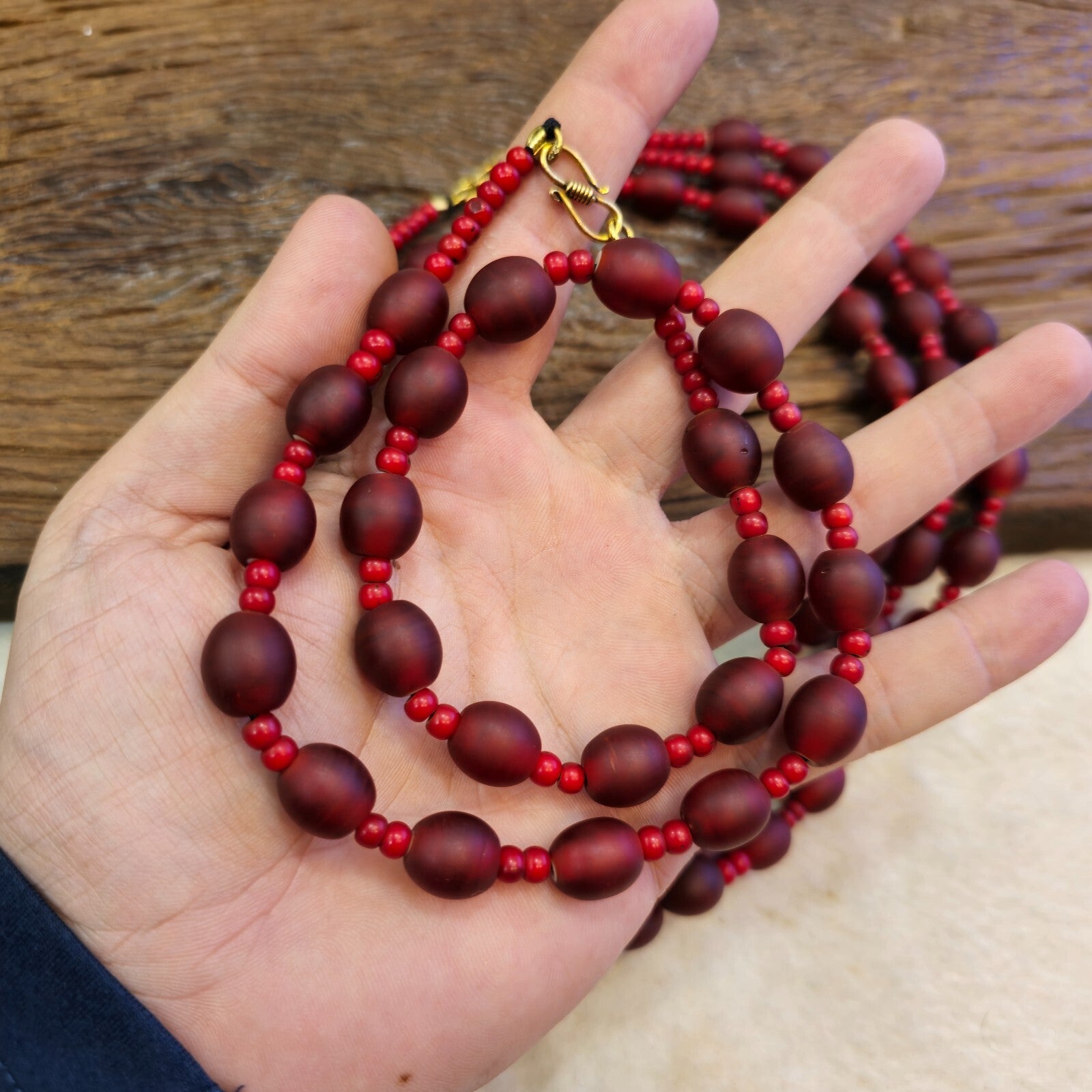 Vintage Venetian white heart and Red glass Trade Beads Beaded Necklace