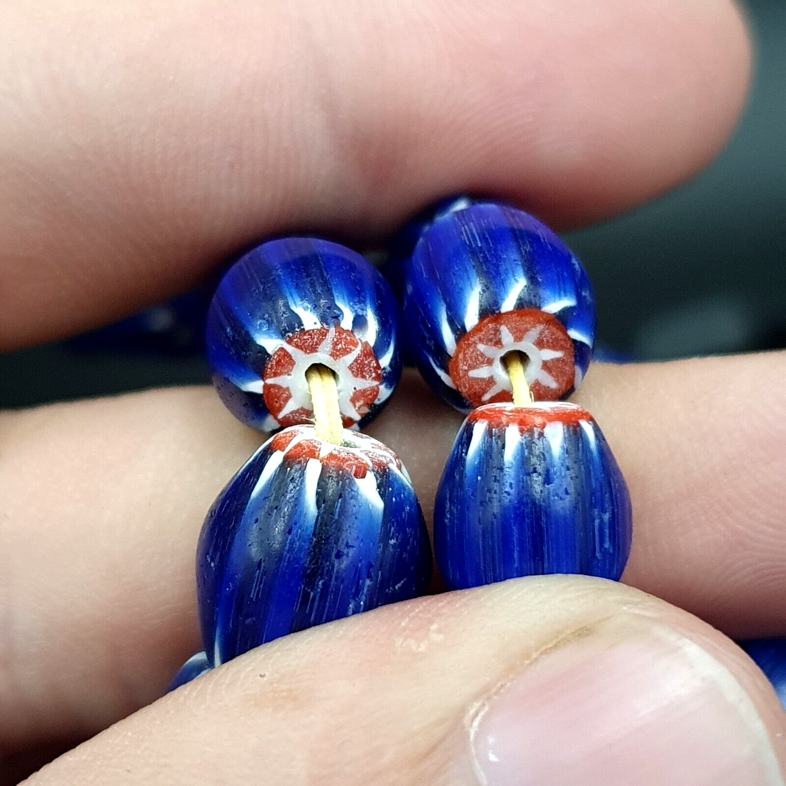 Vintage BLUE Chevron Beads Venetian Inspired 10mmx9.5mm Beads Long Strand