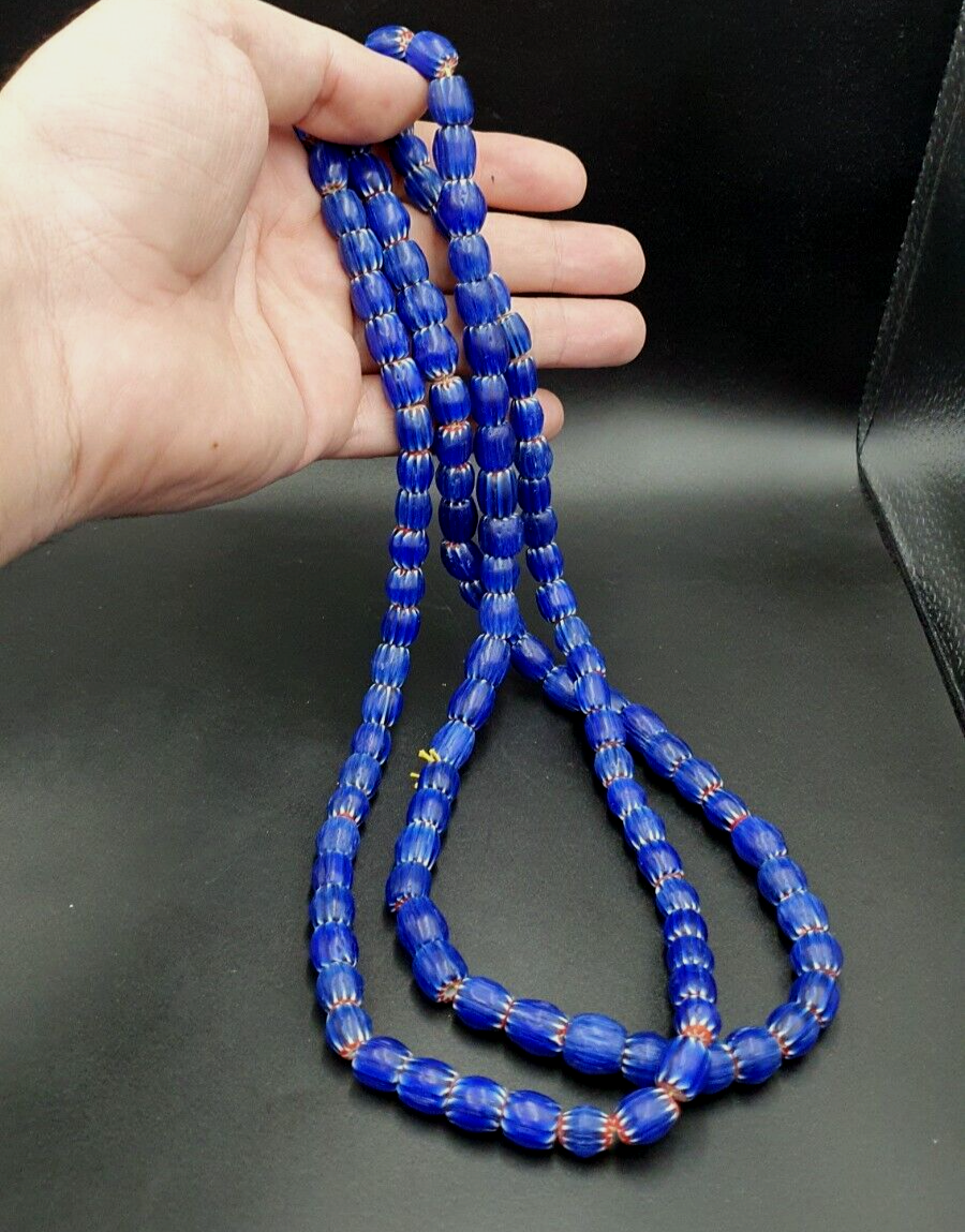 Vintage BLUE Chevron Beads Venetian Inspired 10mmx9.5mm Beads Long Strand