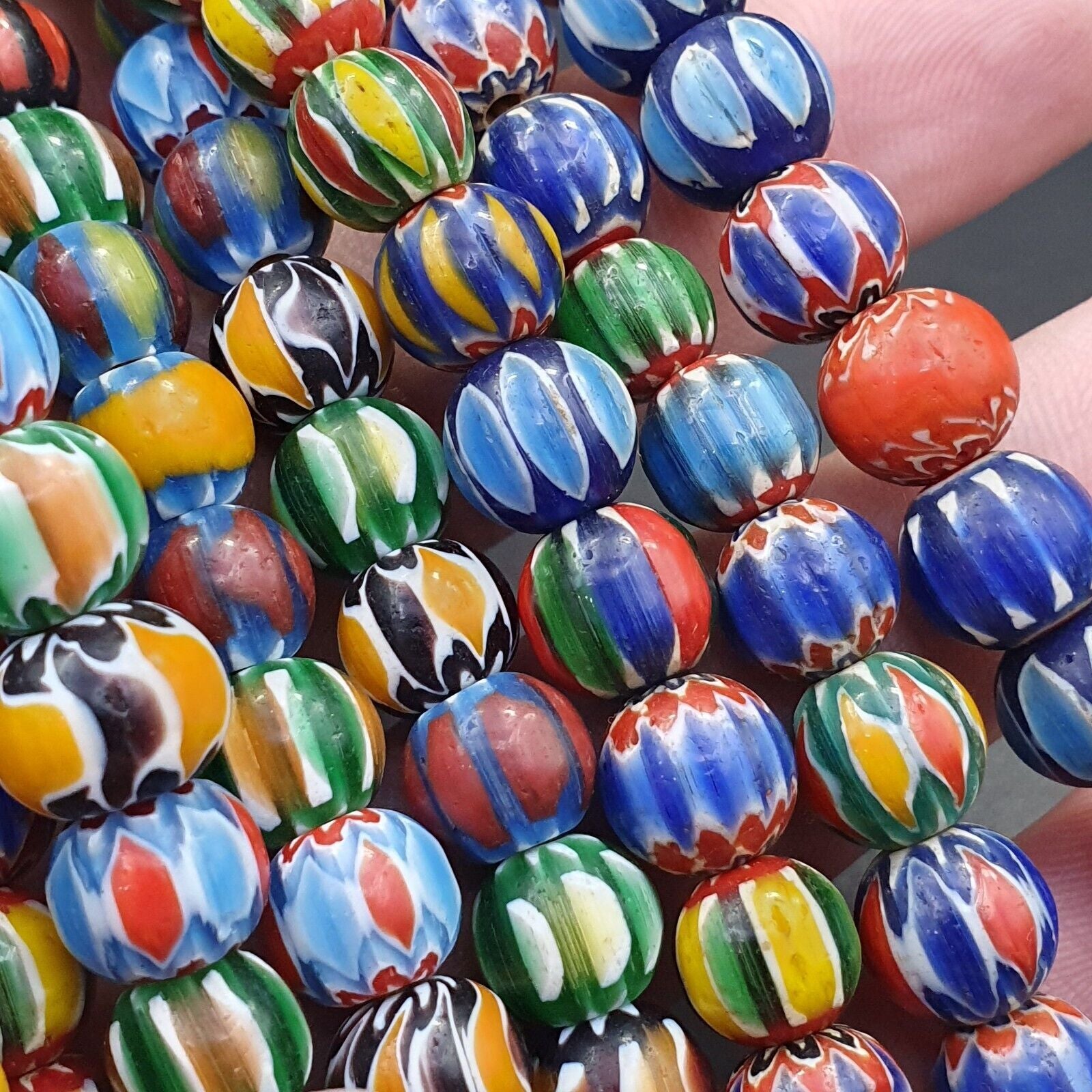 Vintage Venetian African Style Glass Chevron 8.5-9mm Beads Long Strand