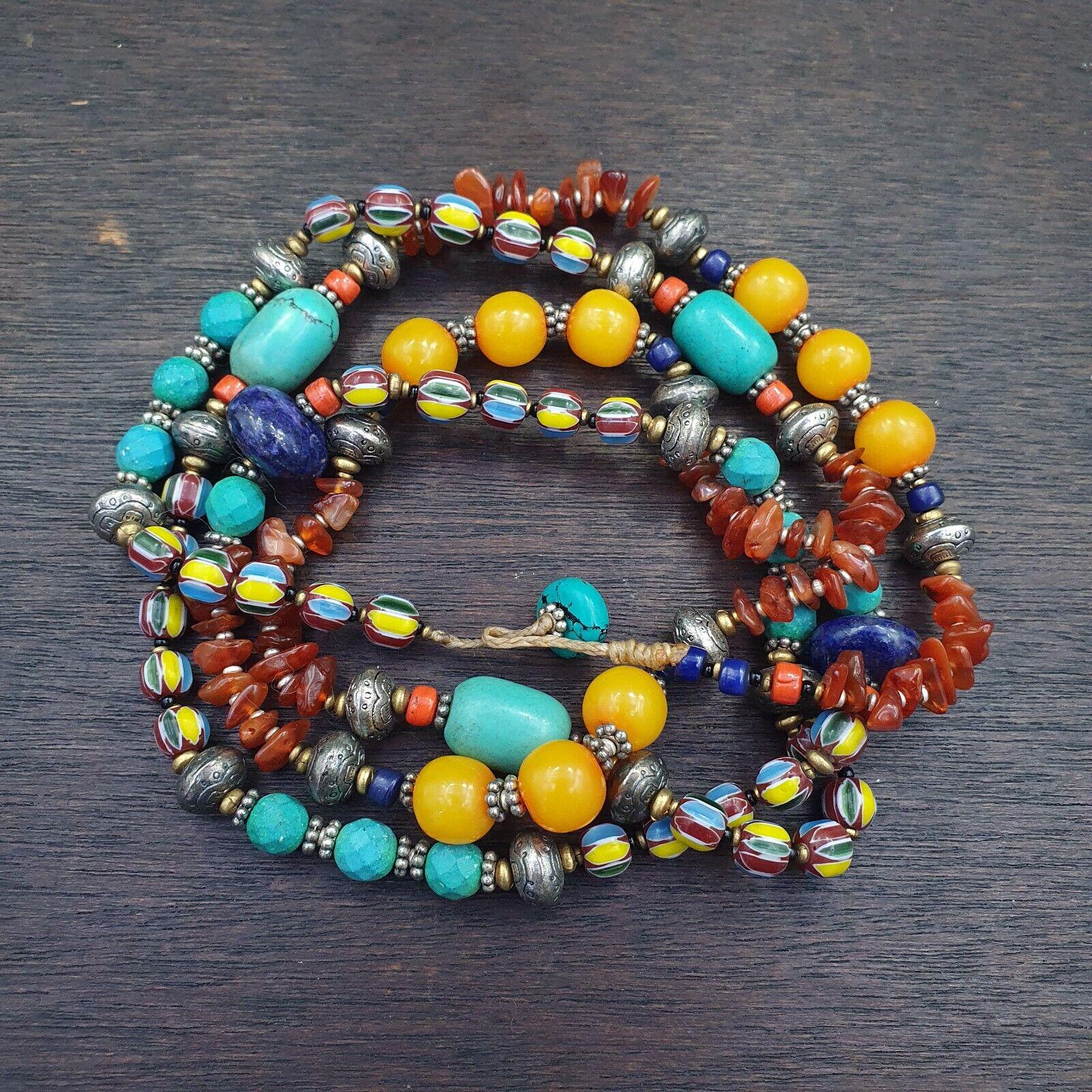 Turquoise coral amber agate stone tibetan nepal necklace boho ethnic jewelry 40"
