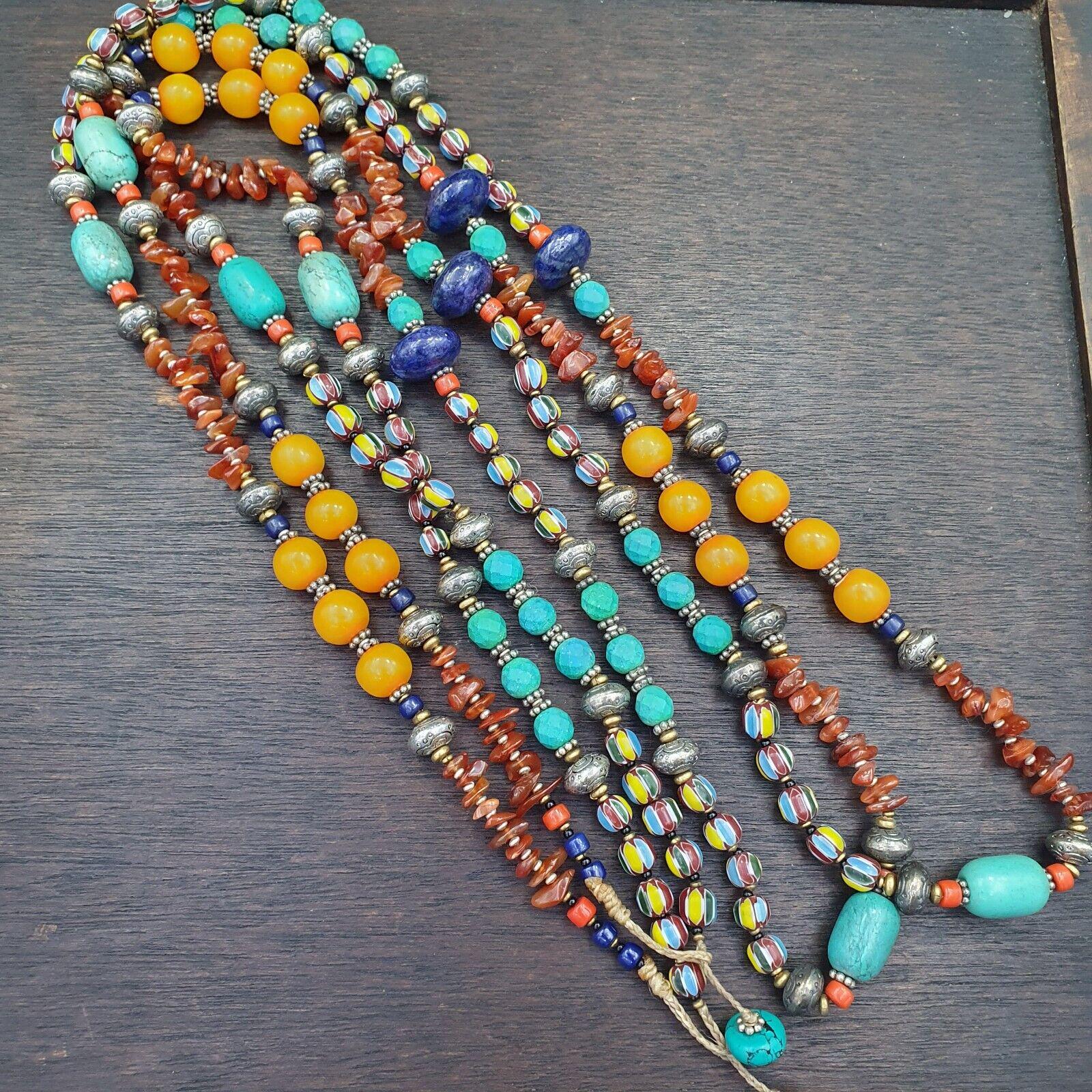 Turquoise coral amber agate stone tibetan nepal necklace boho ethnic jewelry 40"