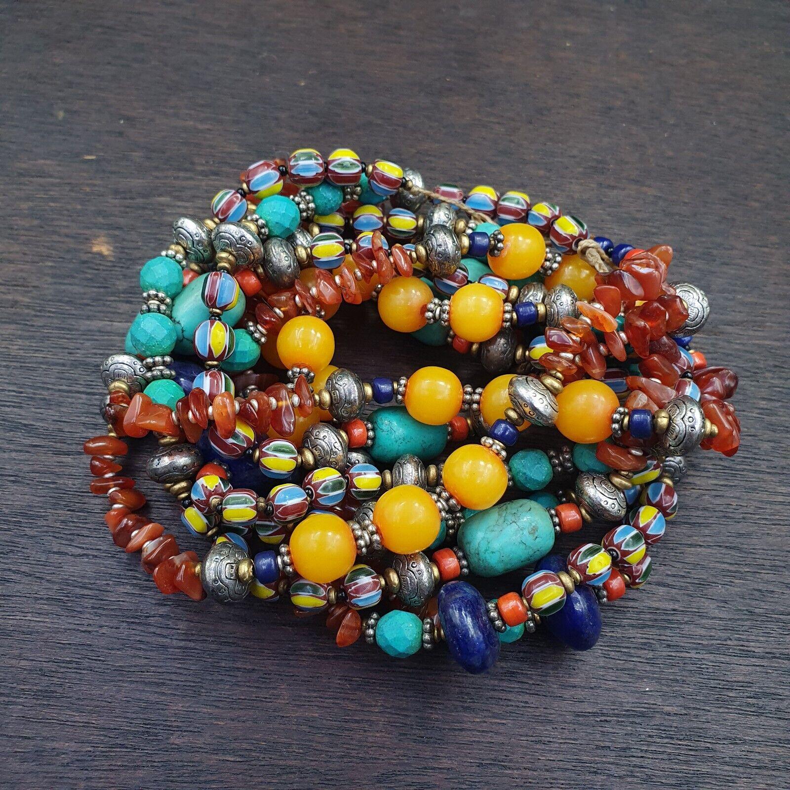 Turquoise coral amber agate stone tibetan nepal necklace boho ethnic jewelry 40"