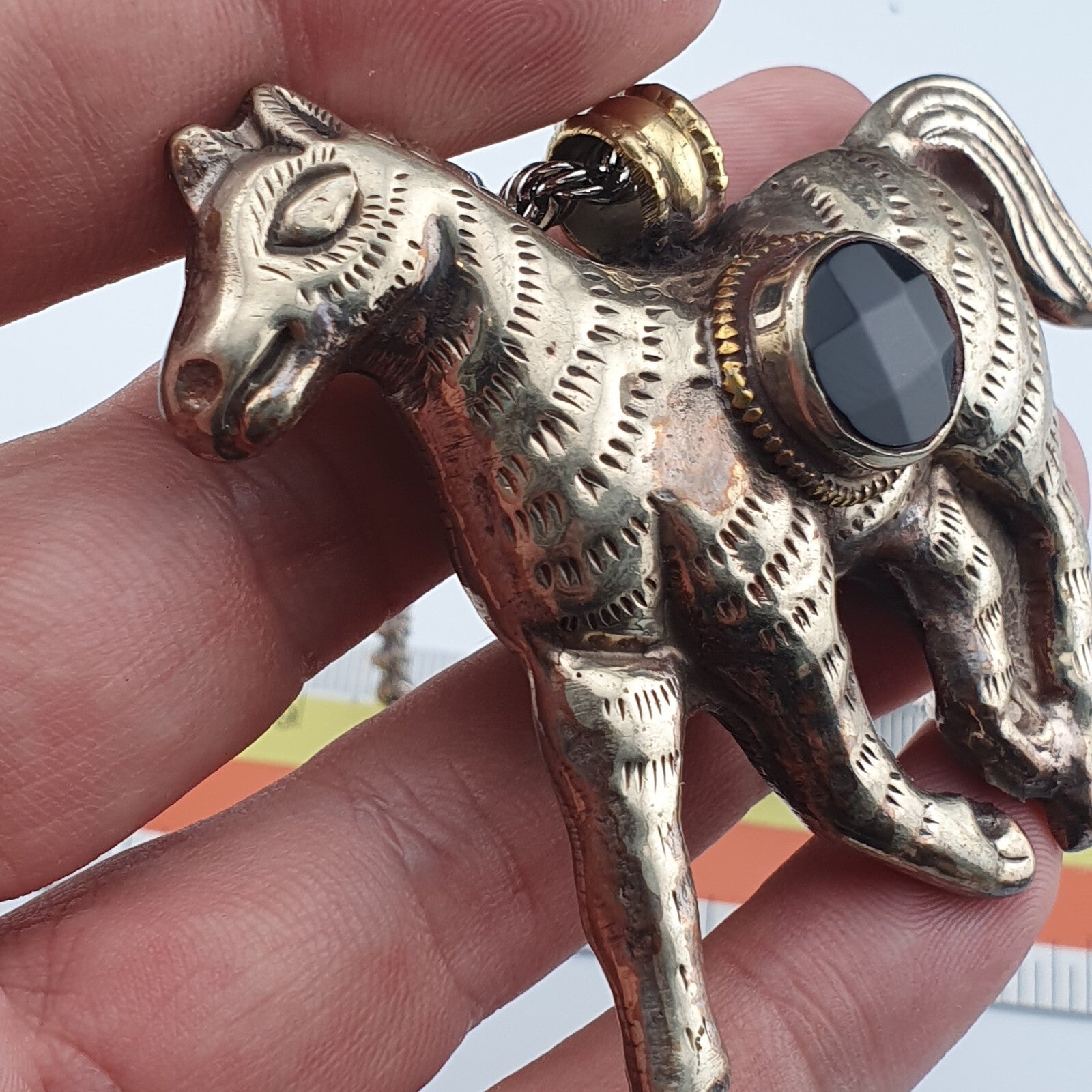 Wonderful Black onyx on Horse pendent Carved Rare Tibetan Pendant necklace