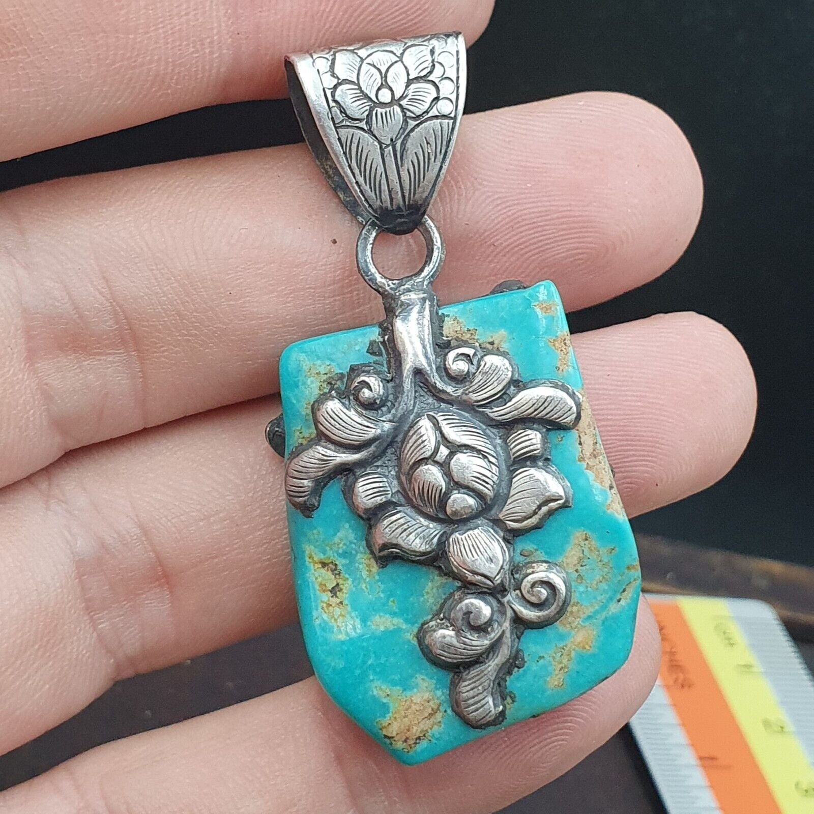 Amazing Natural Arizona Turquoise Nugget, Coral 925 STERLING SILVER Pendant TP2