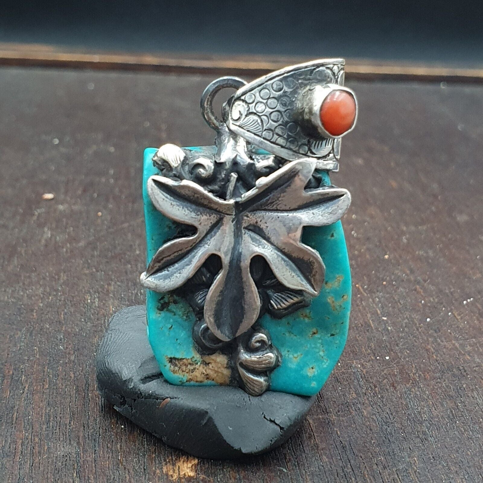 Amazing Natural Arizona Turquoise Nugget, Coral 925 STERLING SILVER Pendant TP2