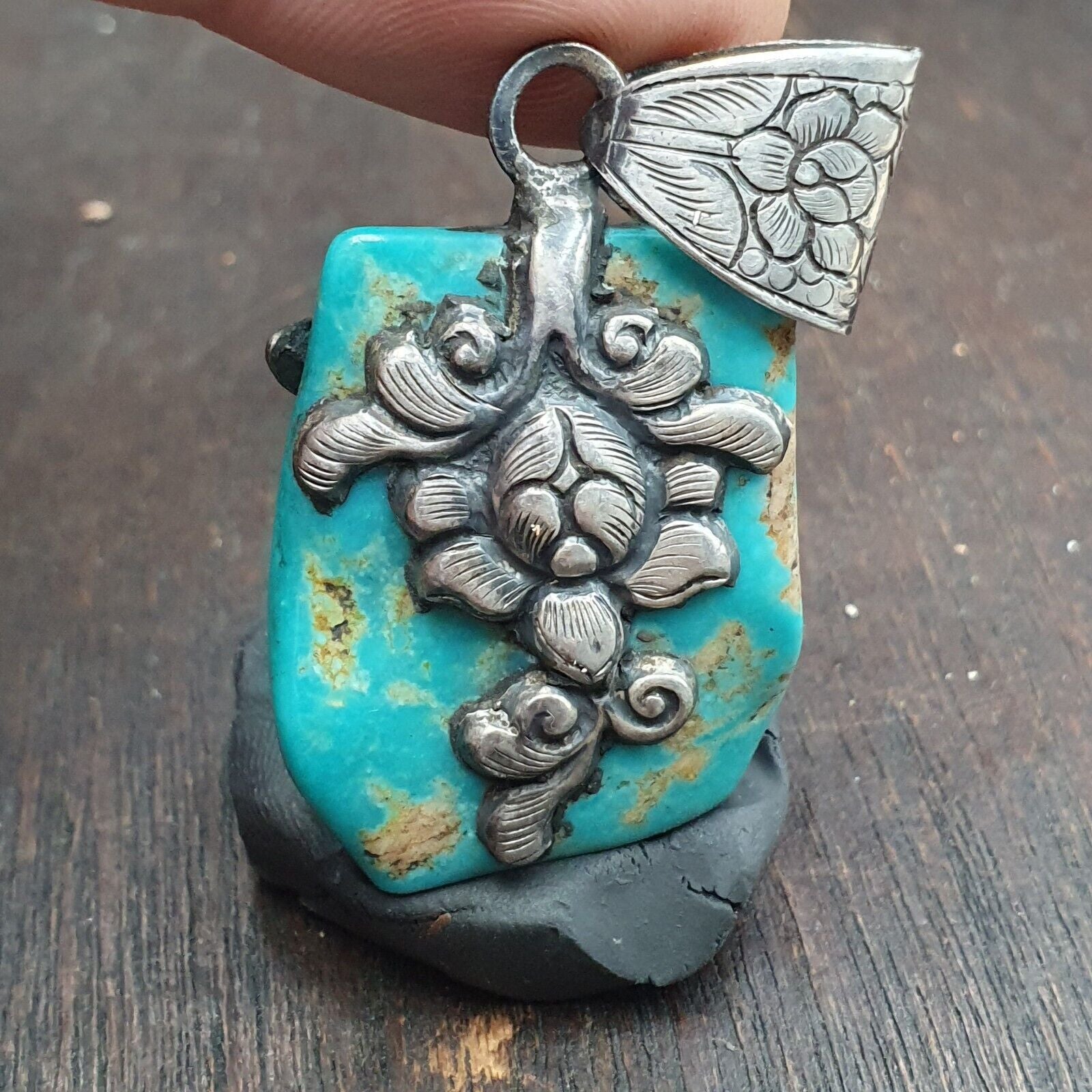 Amazing Natural Arizona Turquoise Nugget, Coral 925 STERLING SILVER Pendant TP2