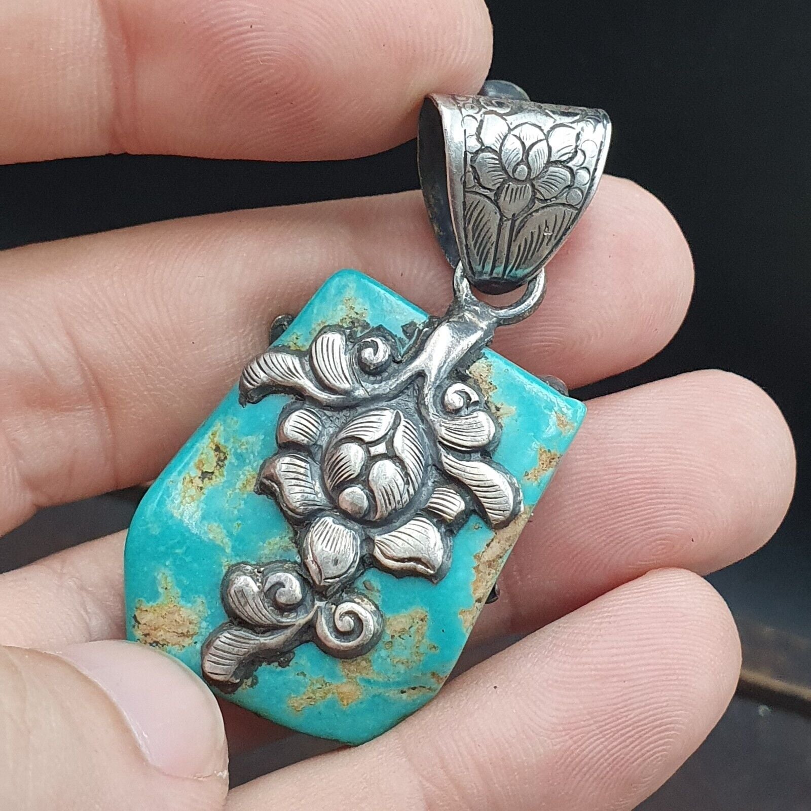 Amazing Natural Arizona Turquoise Nugget, Coral 925 STERLING SILVER Pendant TP2