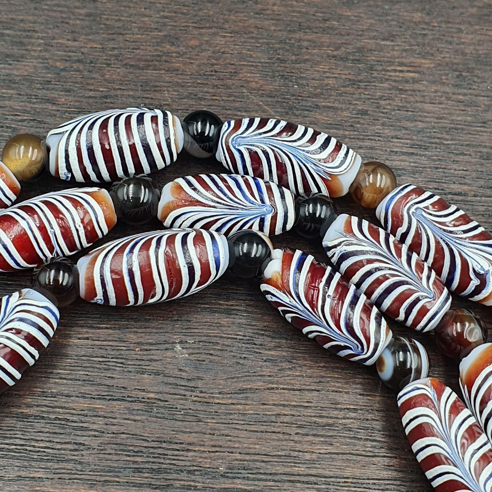 Set Of Vintage Feather pattern & Agate Beads 18x9.5MM  24" Necklace and bracelet