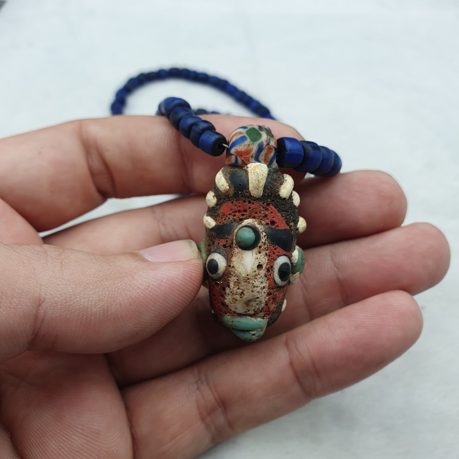 Antique Vintage handmade face bead mosaic Glass Beaded Strand Necklace