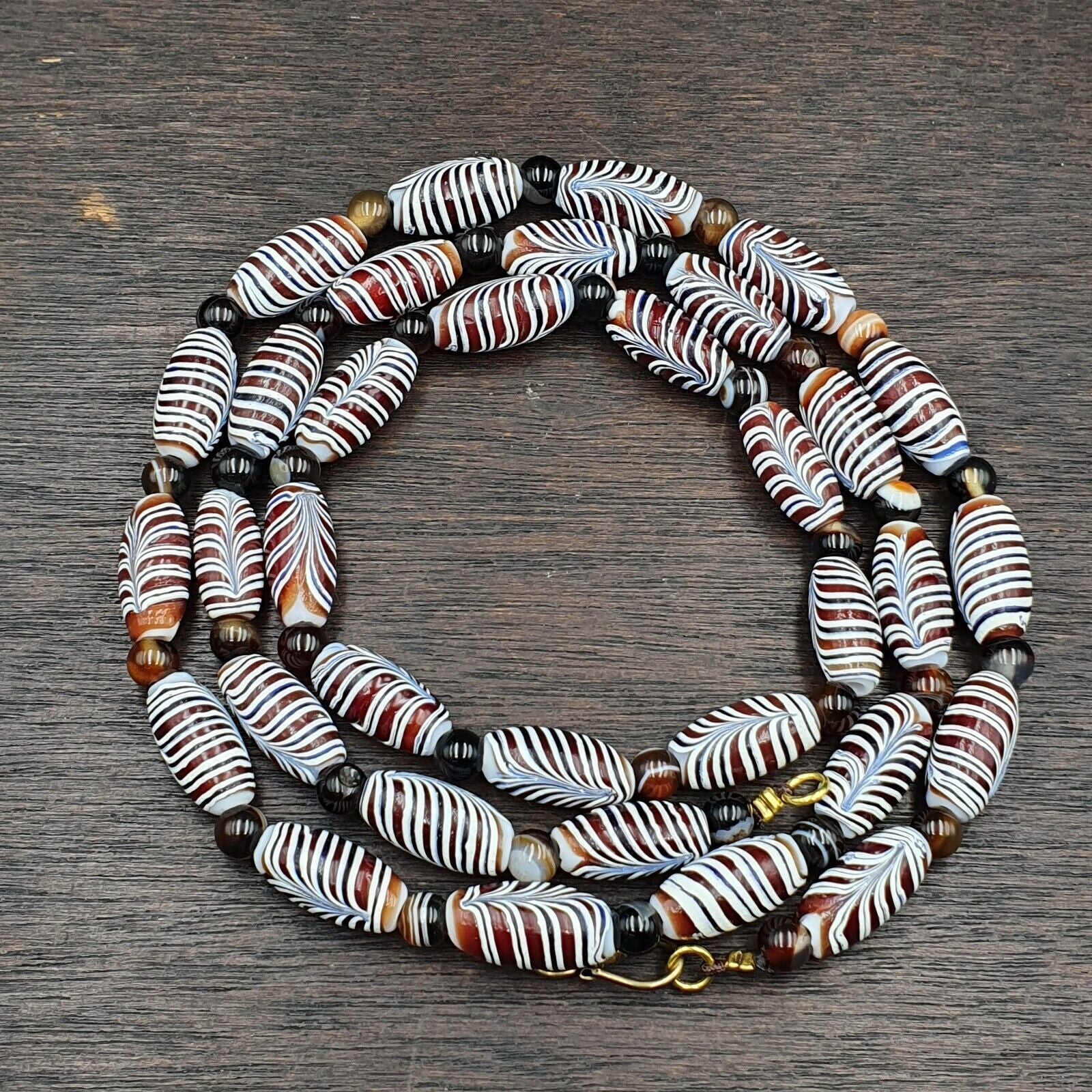Set Of Vintage Feather pattern & Agate Beads 18x9.5MM  24" Necklace and bracelet