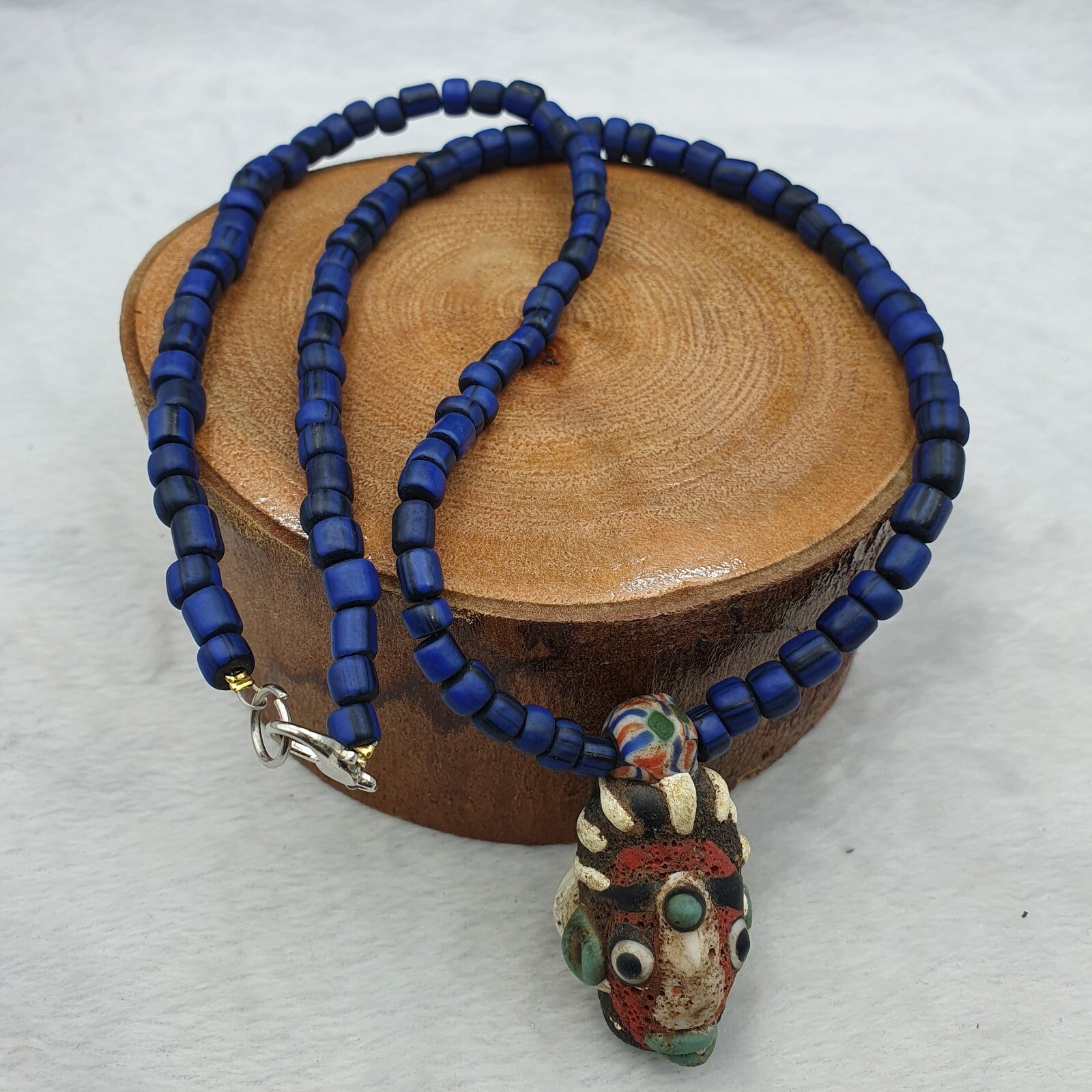 Antique Vintage handmade face bead mosaic Glass Beaded Strand Necklace