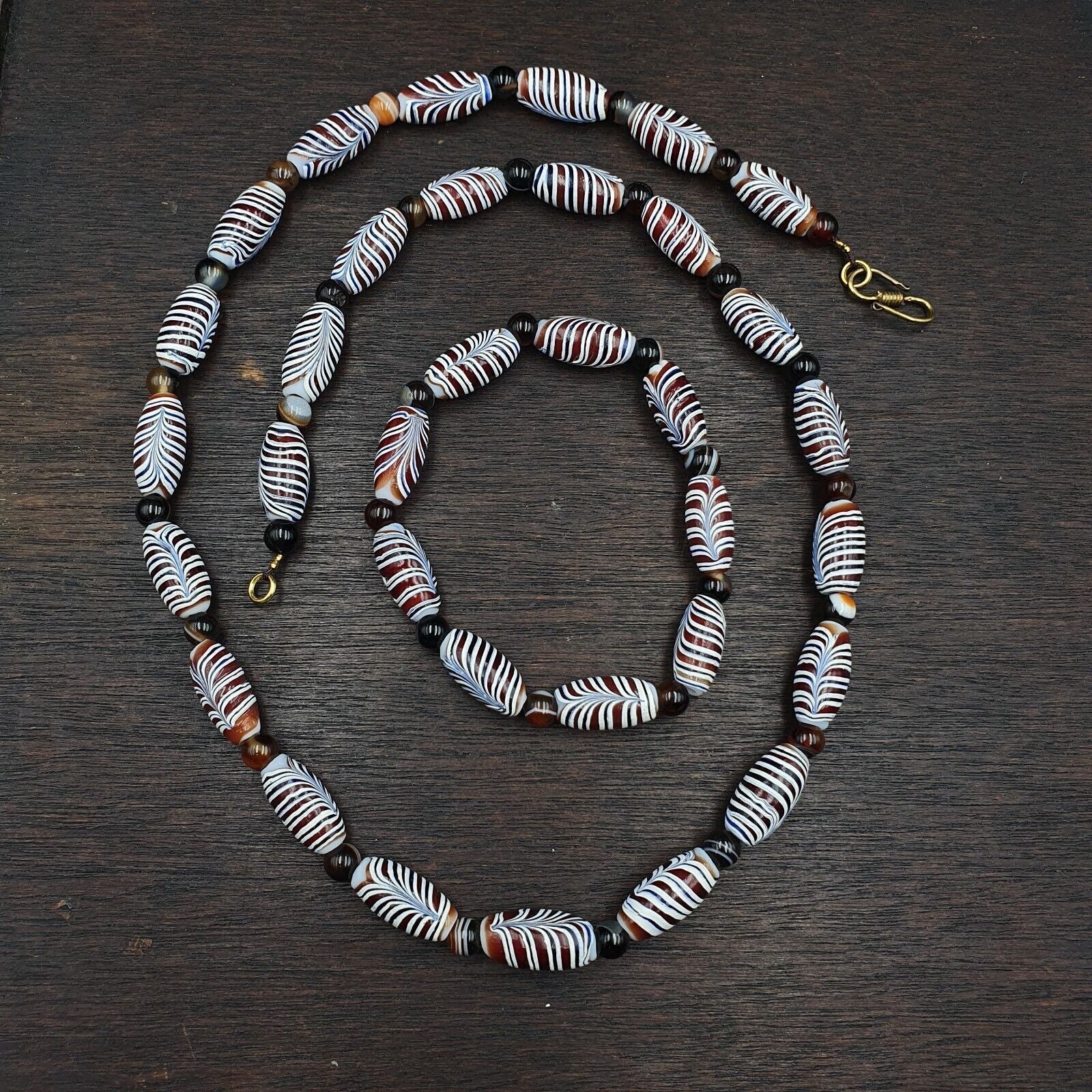 Set Of Vintage Feather pattern & Agate Beads 18x9.5MM  24" Necklace and bracelet