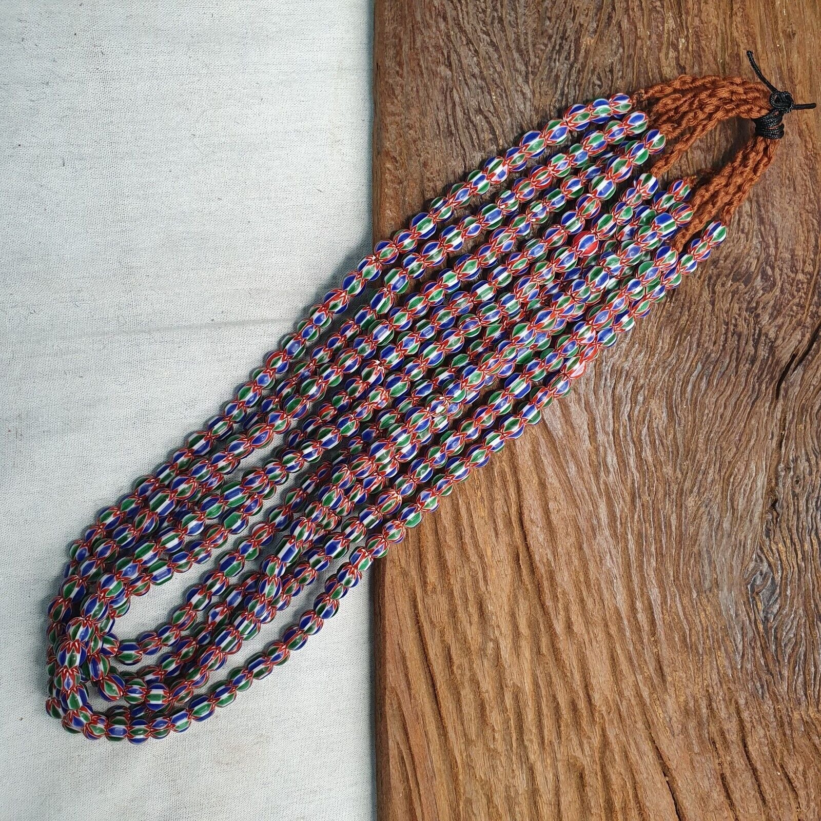 Vintage Blue Green Chevron Beads Venetian African style Beads Long Strand