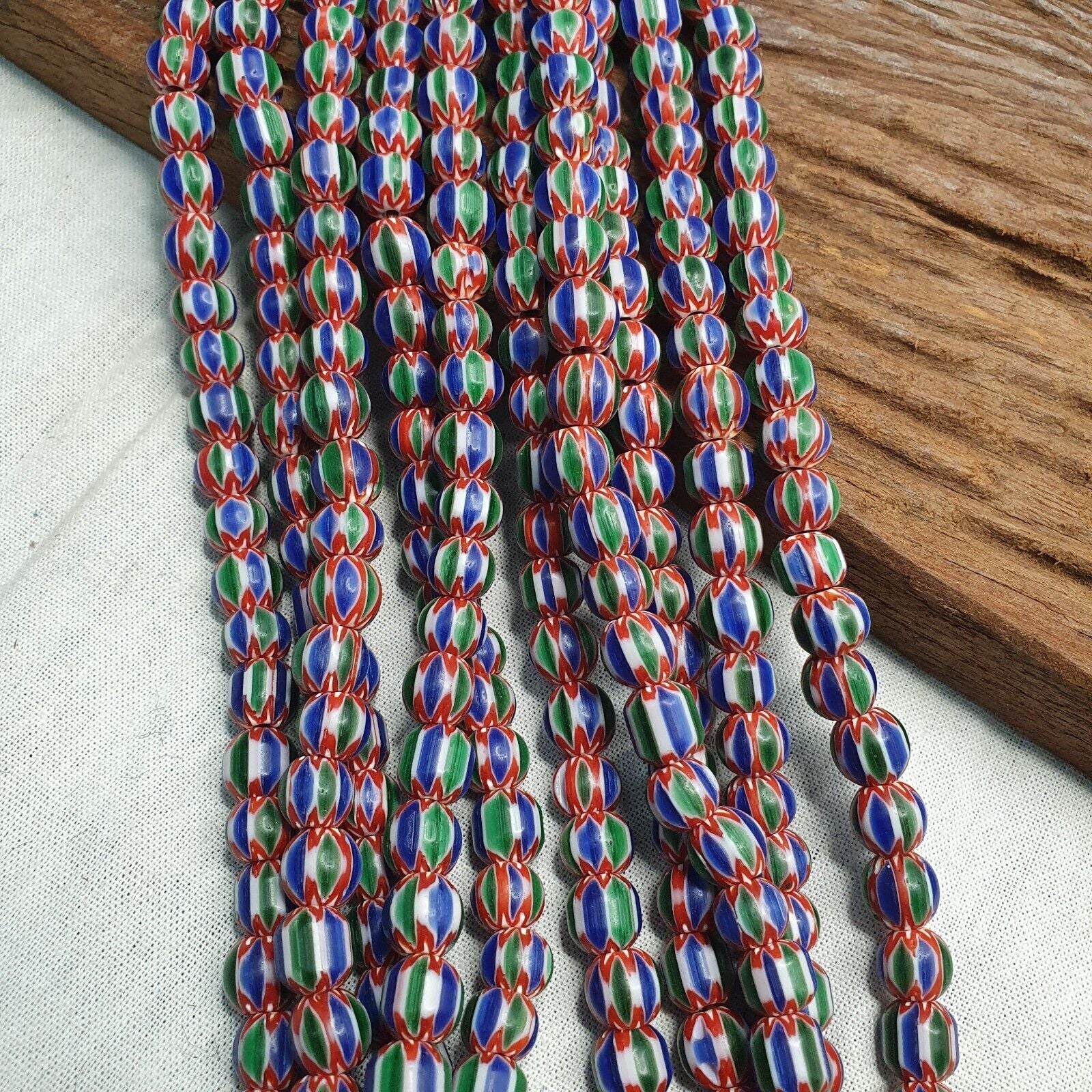 Vintage Blue Green Chevron Beads Venetian African style Beads Long Strand