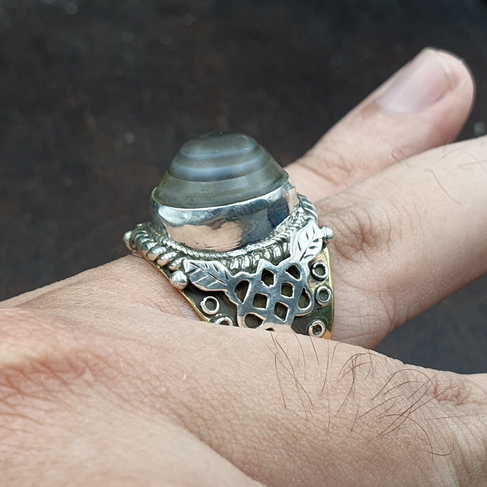 Antique tibetan eye agate center stone silver inlay gold plated brass ring