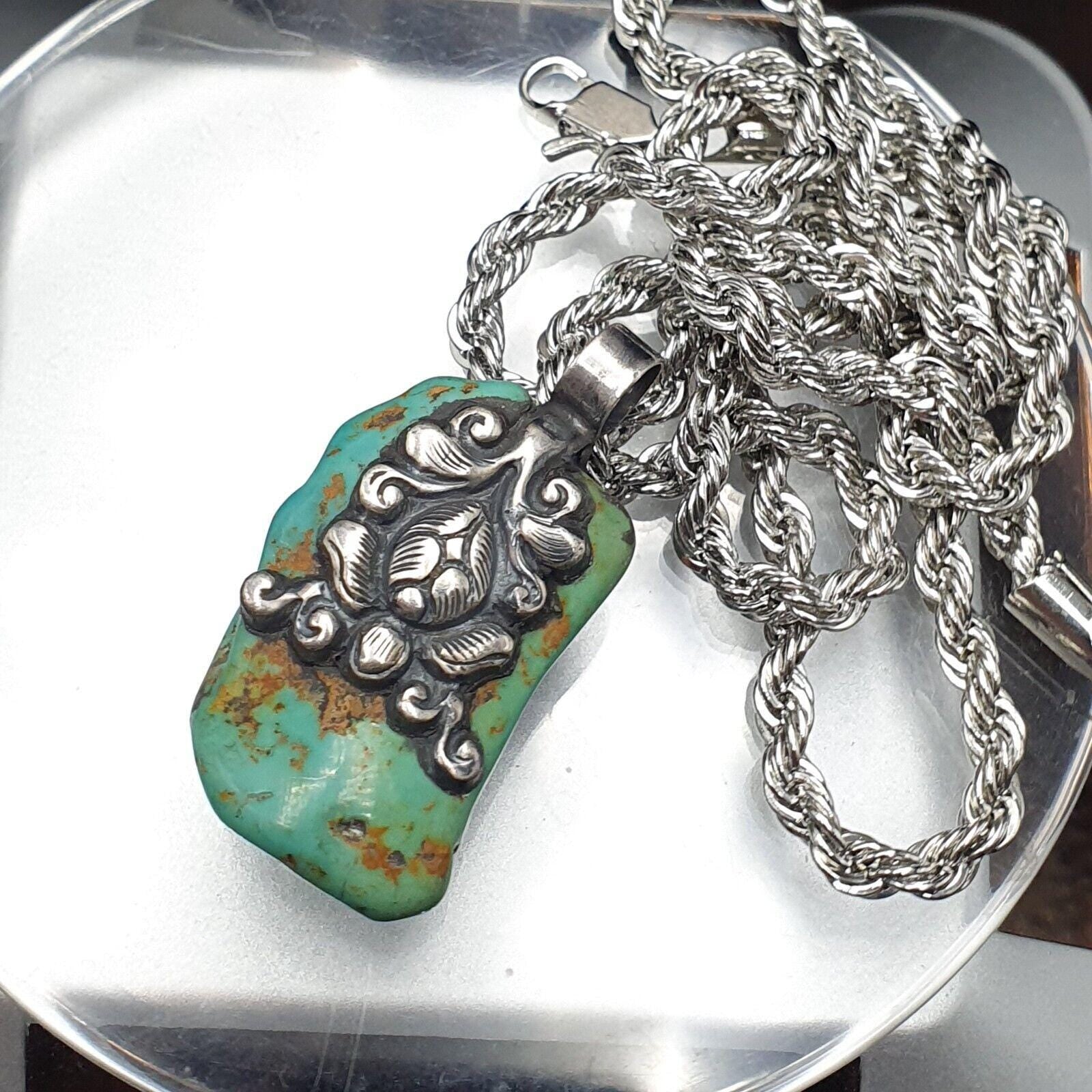 Vintage natural blue turquois 925 silver pendant necklace 16