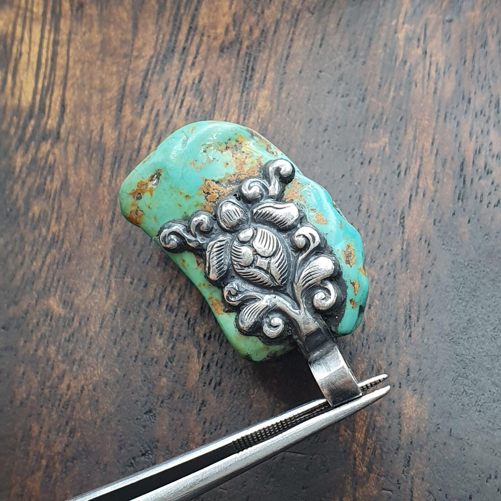 Vintage natural blue turquois 925 silver pendant necklace 16