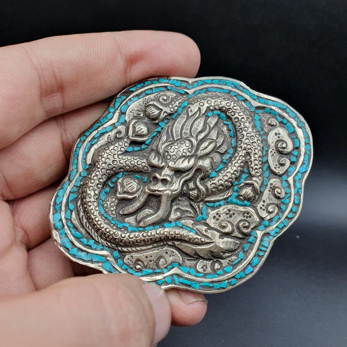 Big men's vintage natural turquoise metal silver gild engrave dragon belt buckle