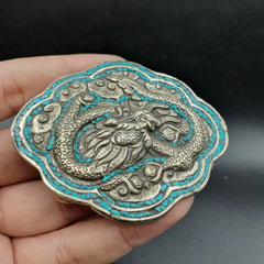 Big men's vintage natural turquoise metal silver gild engrave dragon belt buckle
