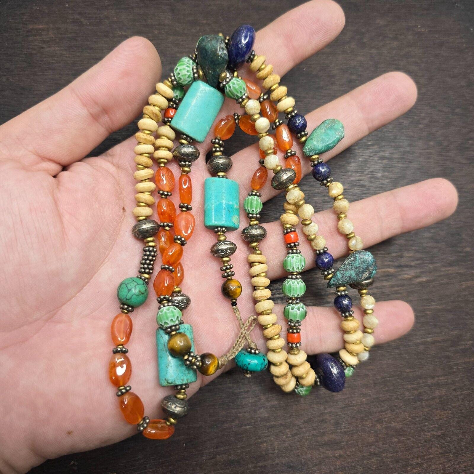 Turquoise lapis agate stone tibetan nepal necklace boho ethnic jewelry 40"