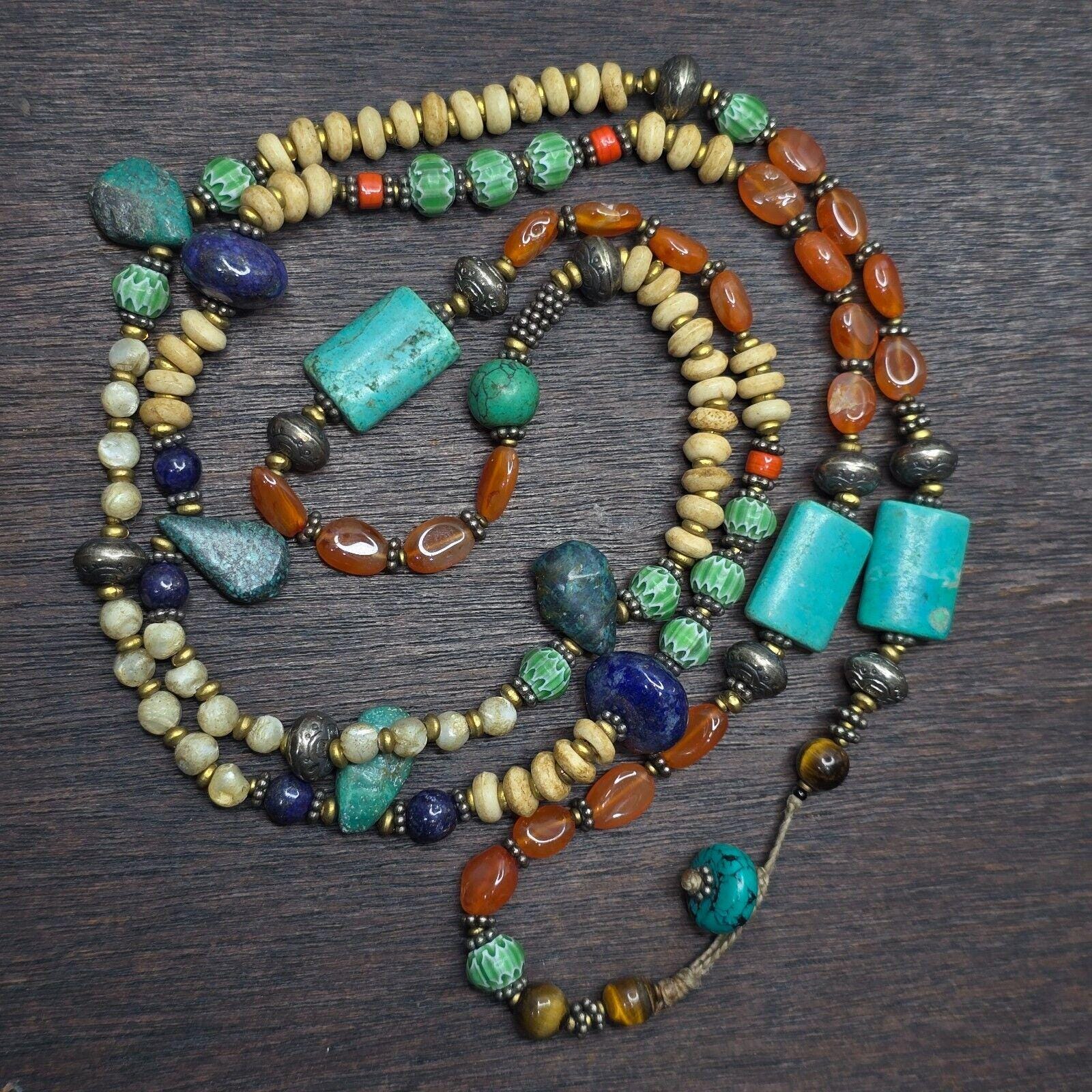 Turquoise lapis agate stone tibetan nepal necklace boho ethnic jewelry 40"