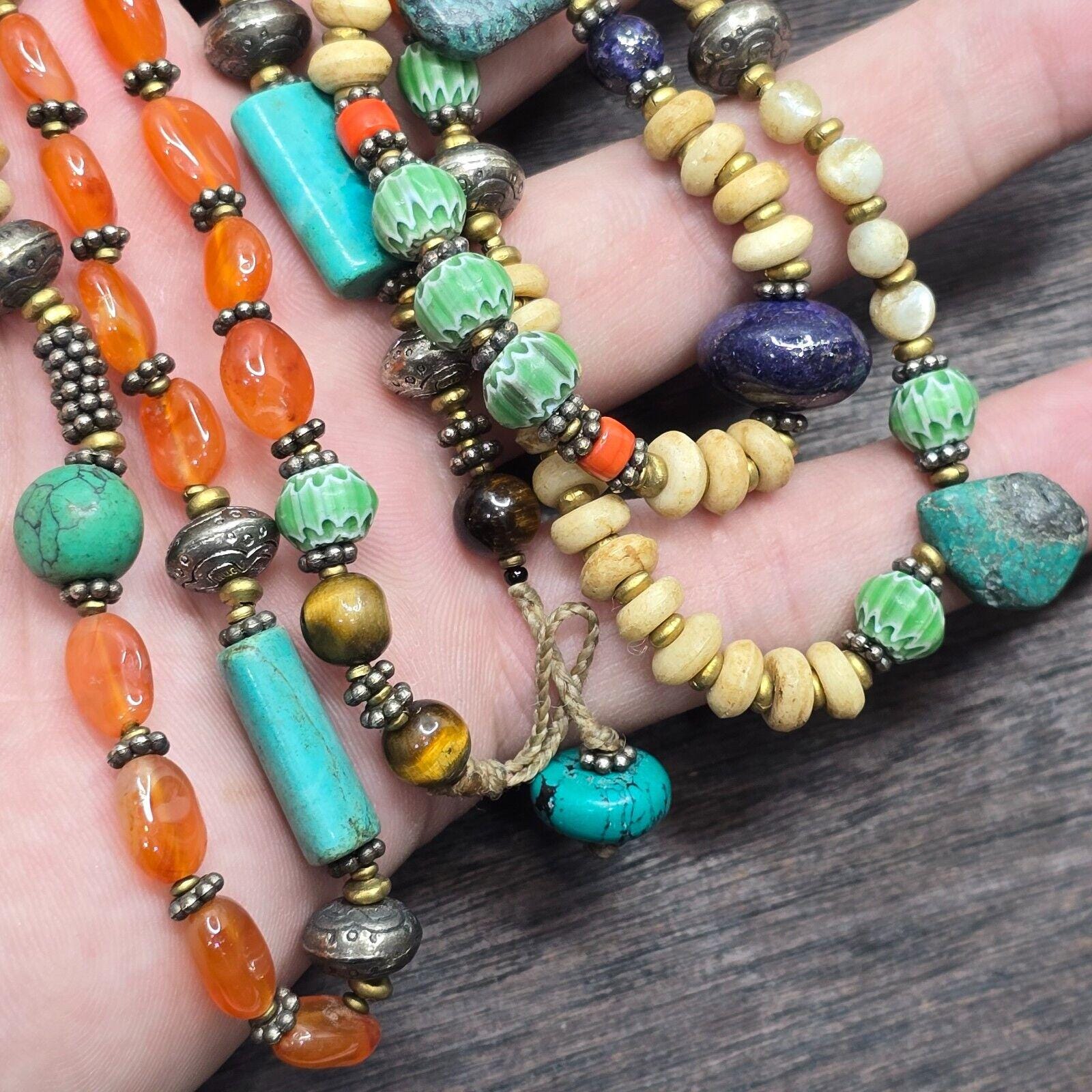 Turquoise lapis agate stone tibetan nepal necklace boho ethnic jewelry 40"