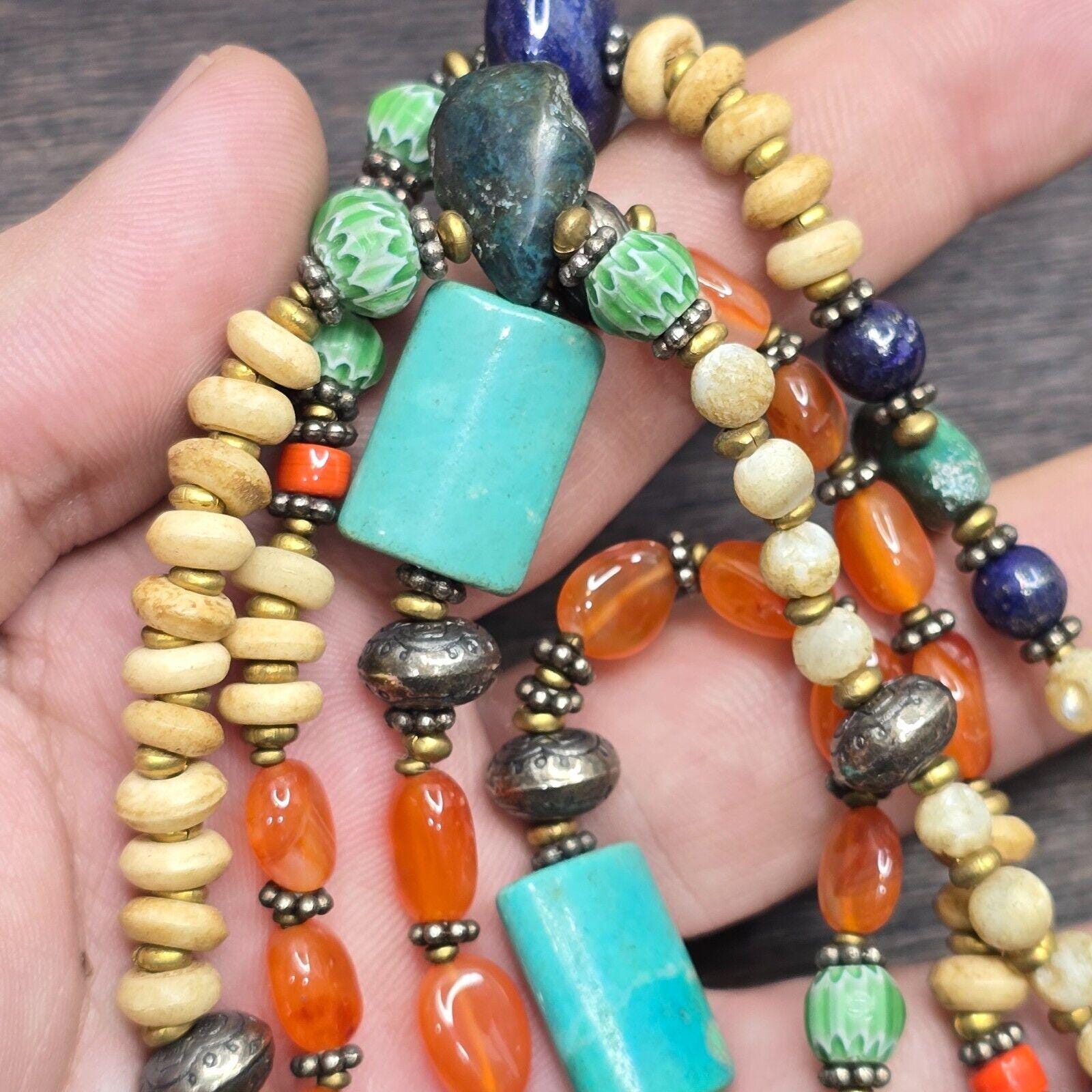 Turquoise lapis agate stone tibetan nepal necklace boho ethnic jewelry 40"