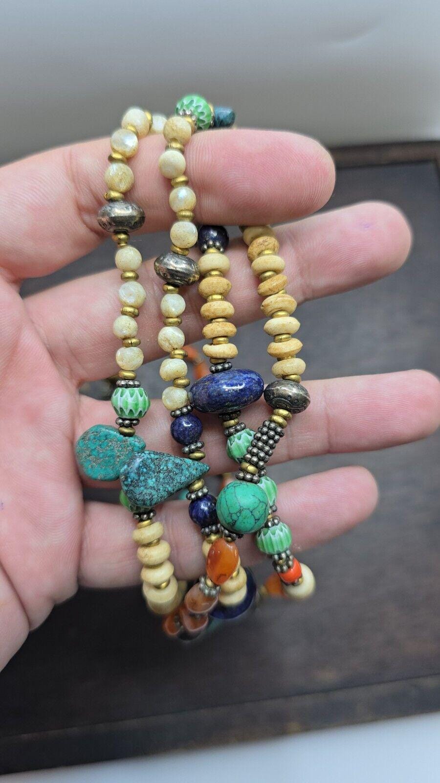 Turquoise lapis agate stone tibetan nepal necklace boho ethnic jewelry 40"