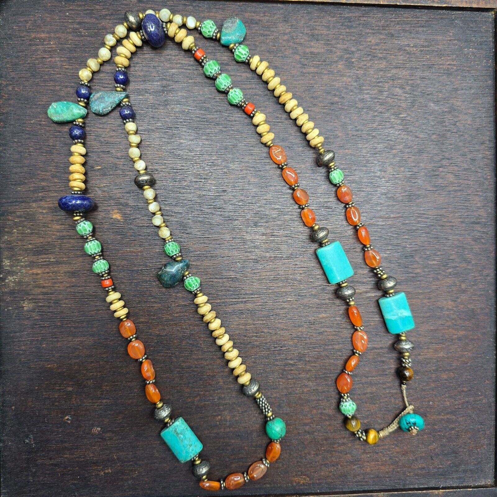 Turquoise lapis agate stone tibetan nepal necklace boho ethnic jewelry 40"