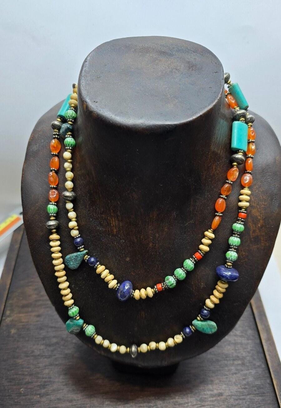 Turquoise lapis agate stone tibetan nepal necklace boho ethnic jewelry 40"